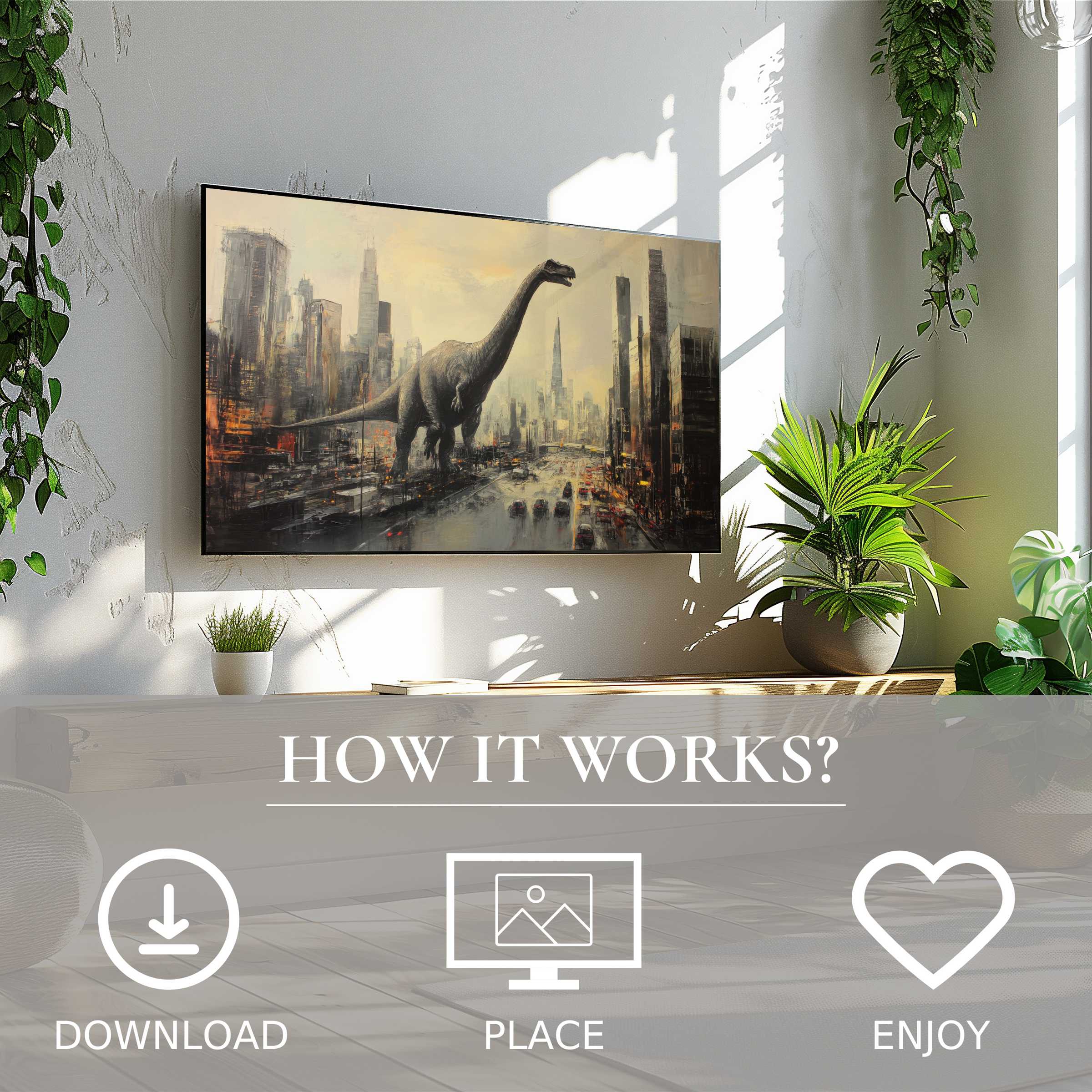 Modern living room with street art for Samsung TV, easy digital download, dinosaur cityscape in soft sunset tones