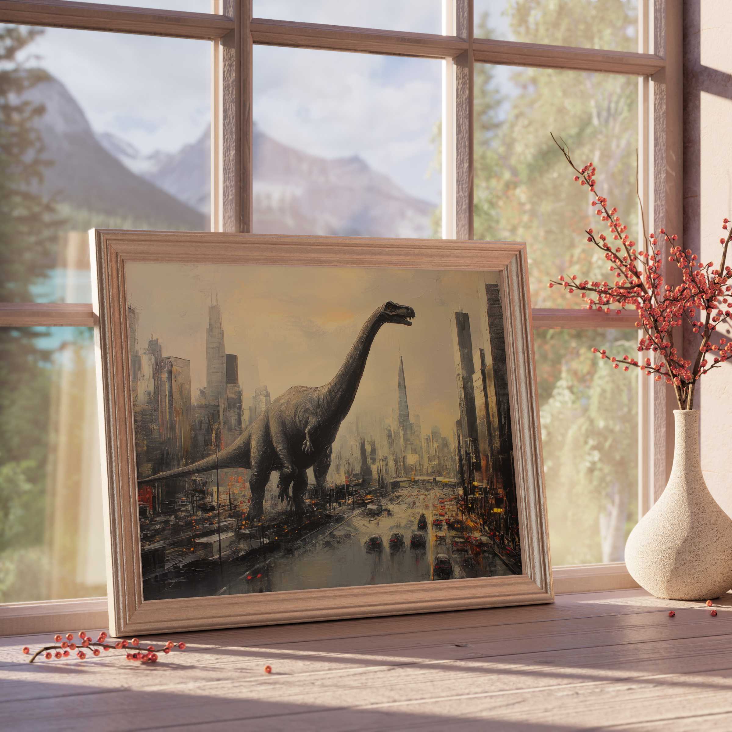 Urban mystique meets prehistoric grandeur in this street art downloadable art, enriching tranquil interiors with a curated, design-forward statement