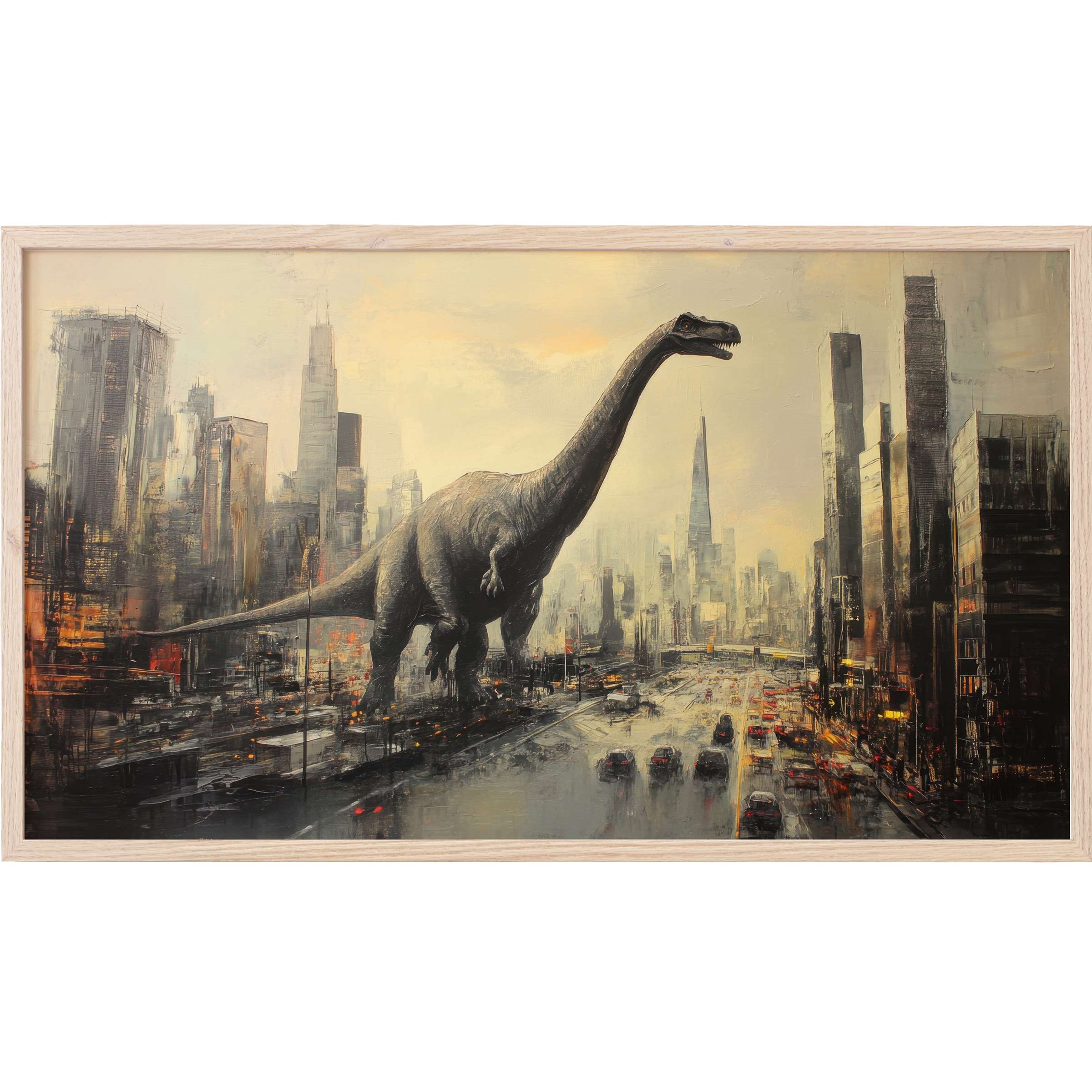 Dramatic street art Frame TV Art depicting a towering dinosaur amid a moody, metropolitan cityscape at dusk