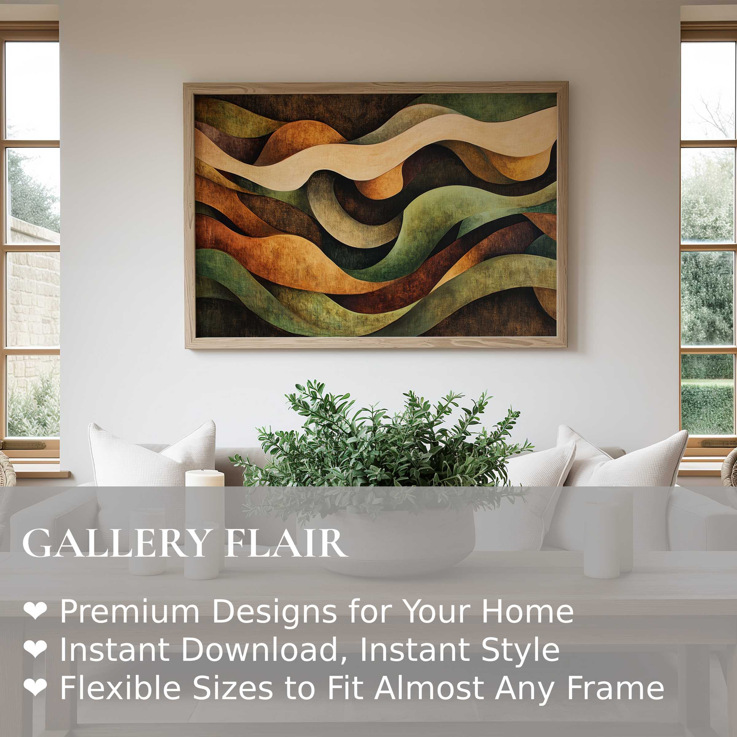 Abstract wall art print with flowing earthy tones and organic curves, enhancing modern minimalist living spaces with warmth and dynamic elegance