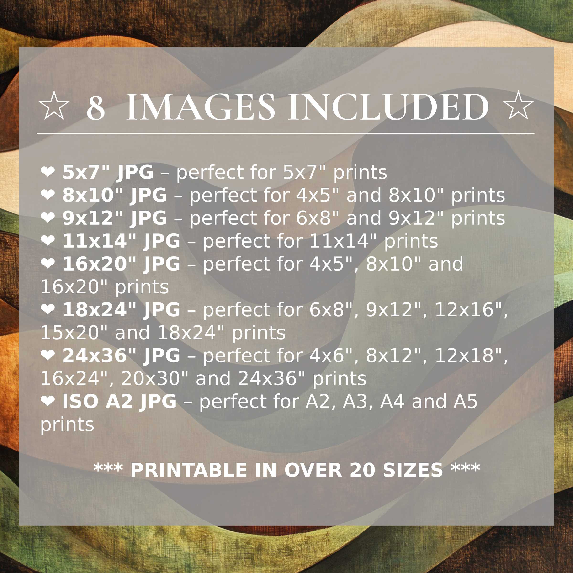 Radiant abstract digital print in earthy browns and greens, included in 8 high-quality sizes to elevate modern interiors with versatile style
