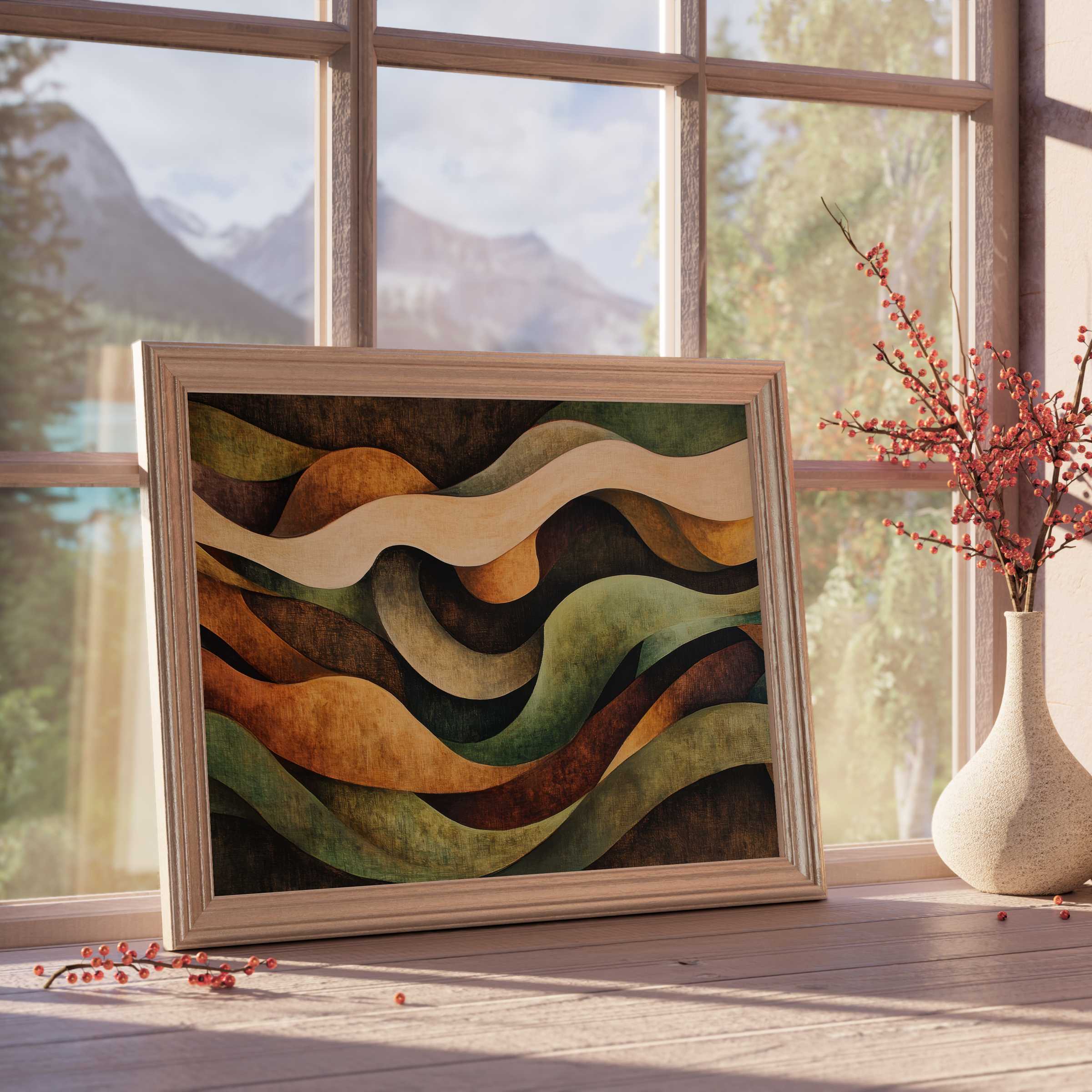 Earth-toned abstract downloadable art featuring flowing waves in muted greens, browns, and ochres, enriching serene, curated interiors with a warm, sophisticated ambiance for premium home decor