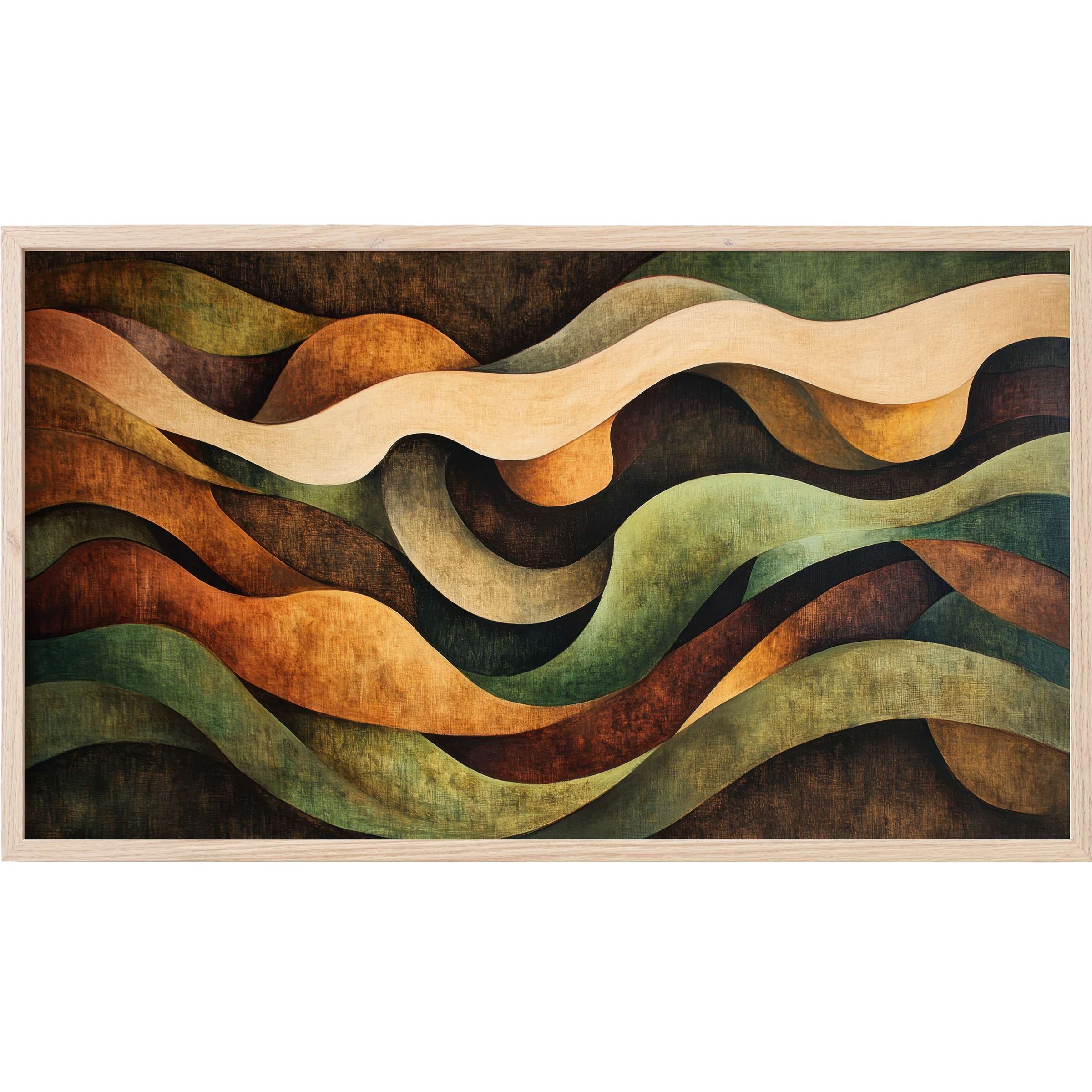 Elegant abstract Frame TV Art with flowing, layered waves in earthy tones of green, brown, and amber