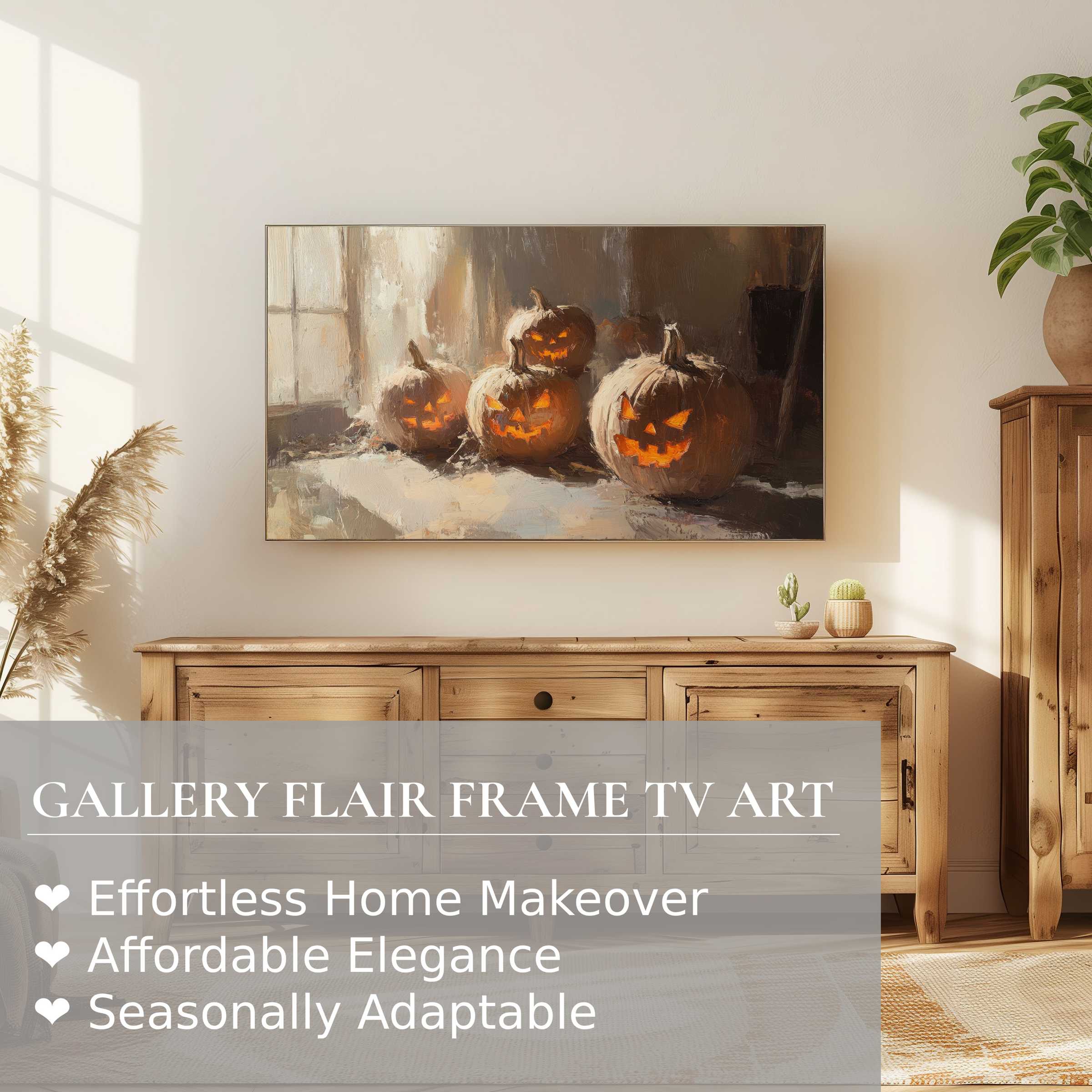 Samsung Frame TV features elegant halloween digital artwork with warm pumpkins in a modern rustic setting