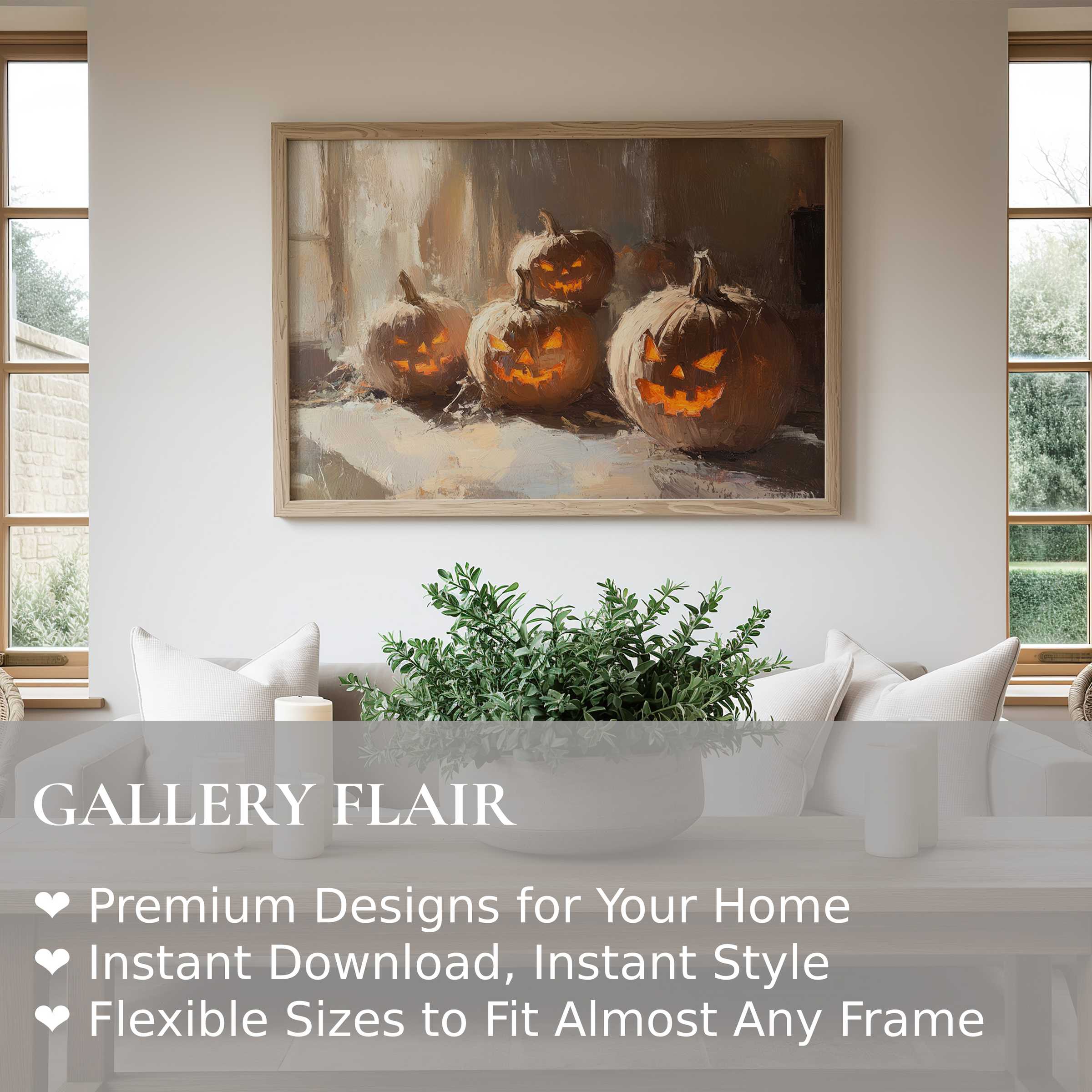 Halloween wall art print featuring glowing jack-o’-lanterns in warm, painterly tones enhancing a modern, cozy living space with seasonal charm