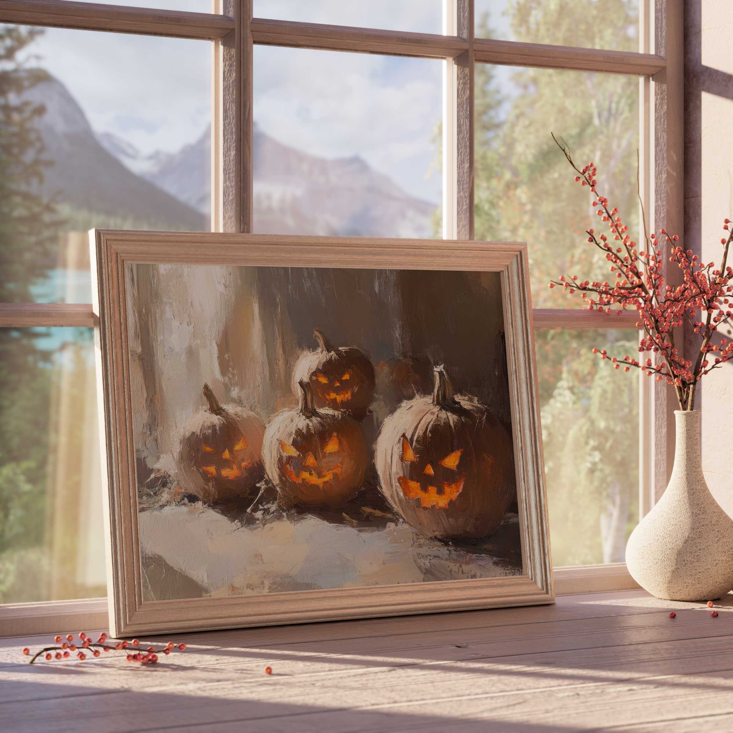 Halloween downloadable art featuring warm, glowing jack-o'-lanterns in a serene rustic frame, elevating curated autumn interiors