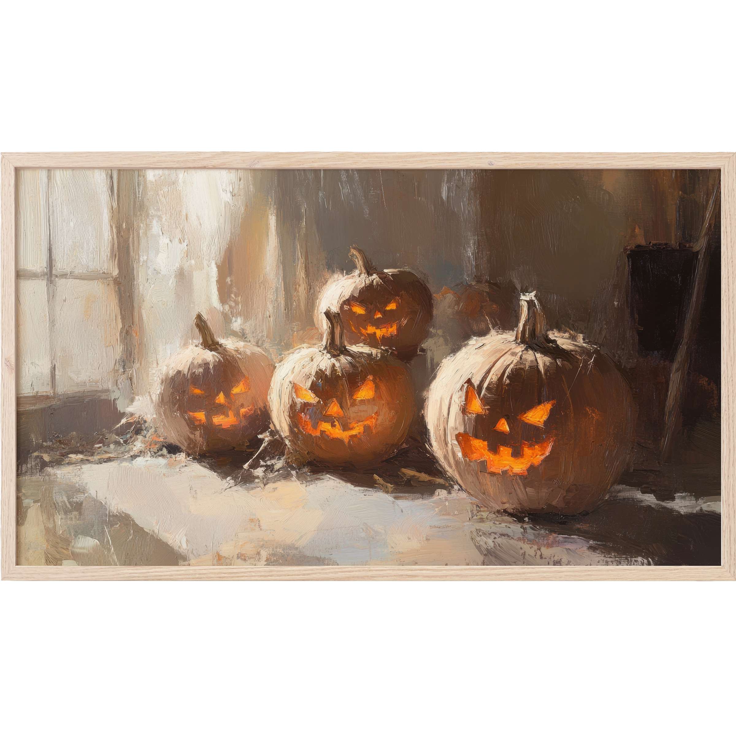 Halloween Frame TV Art featuring warm glowing jack-o'-lanterns in textured, muted earth tones with a painterly style