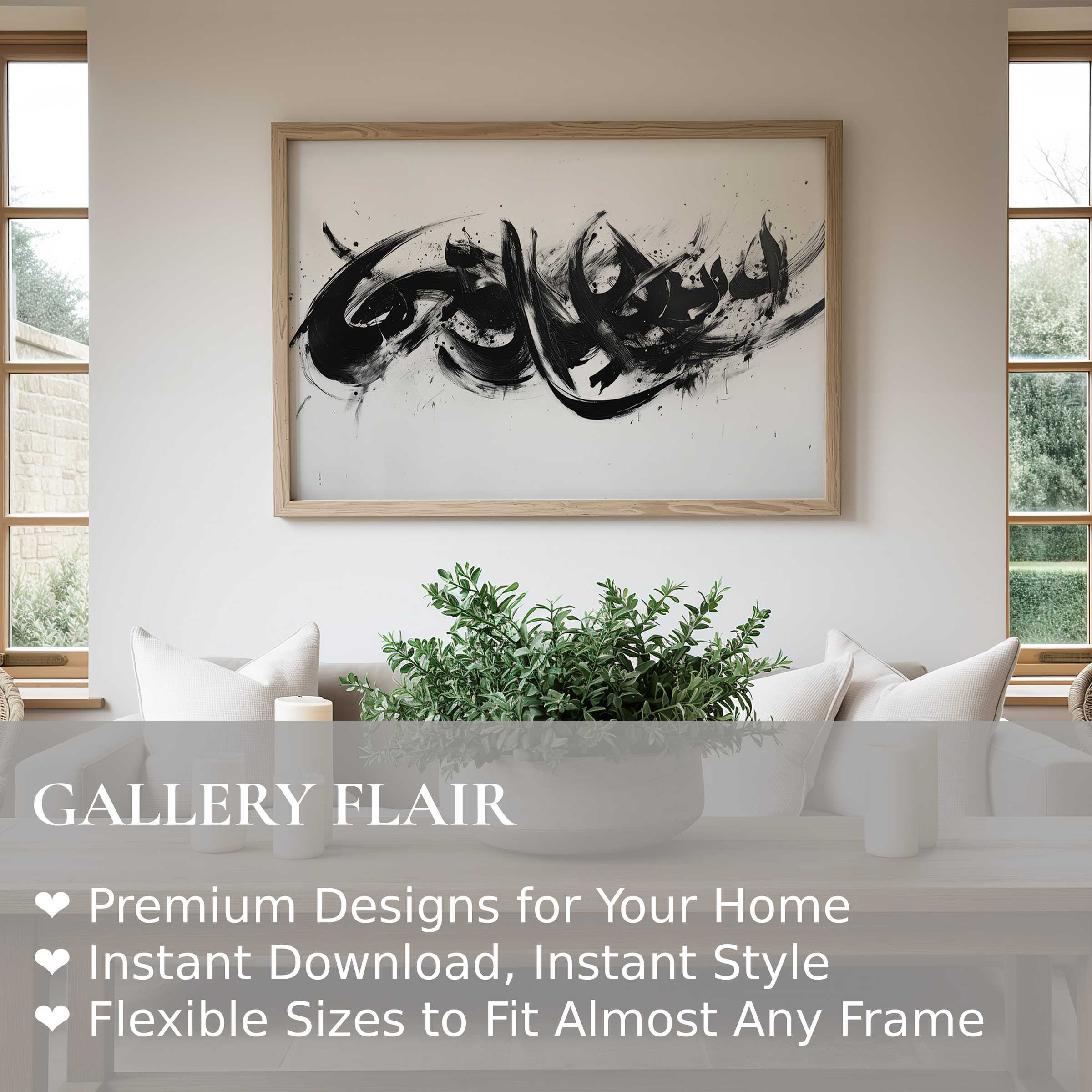 Black and white wall art print with bold abstract brushstrokes, enhancing modern minimalist living spaces with striking gallery elegance