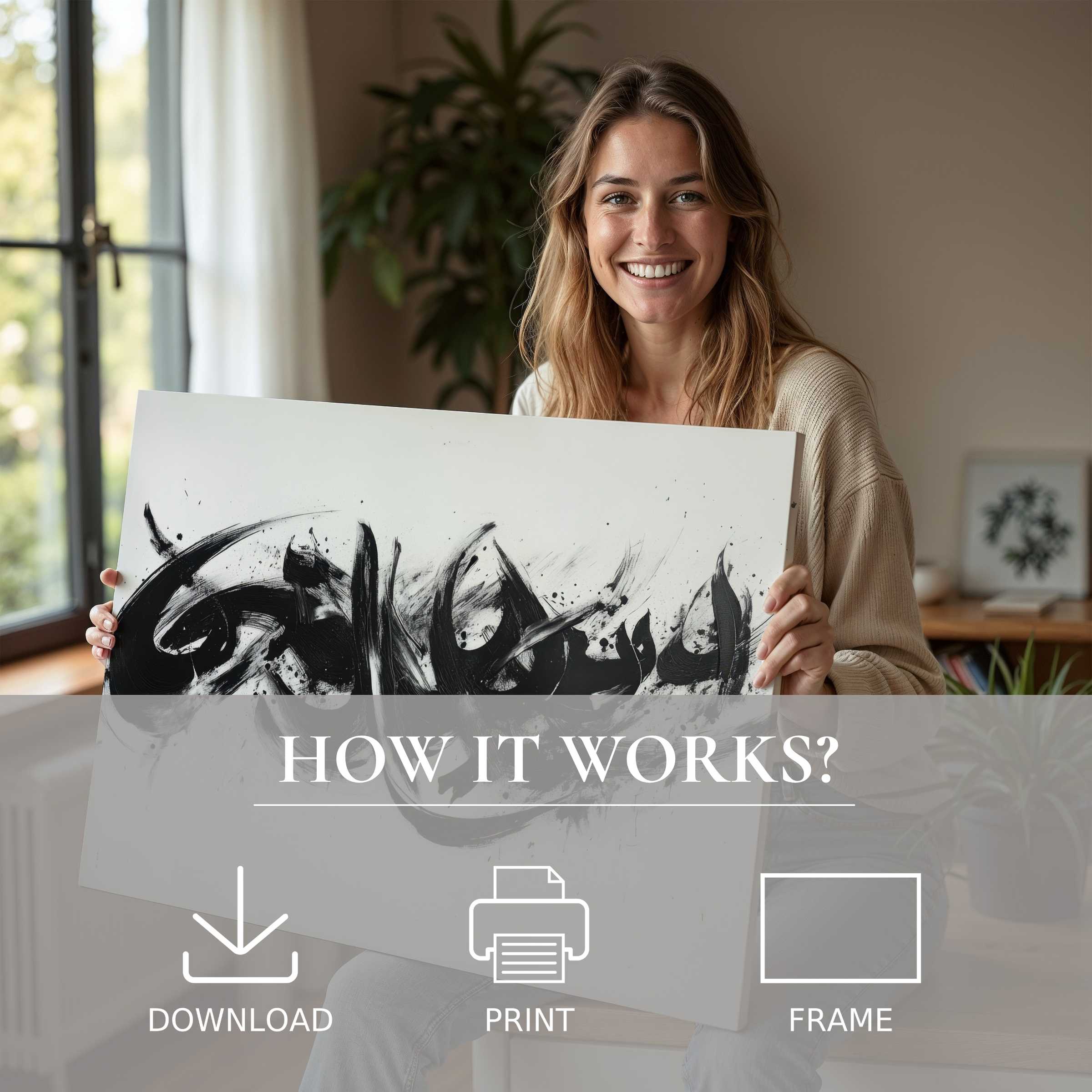 Elegant black and white digital art print embraced in a serene modern home, inspiring joy and effortless style