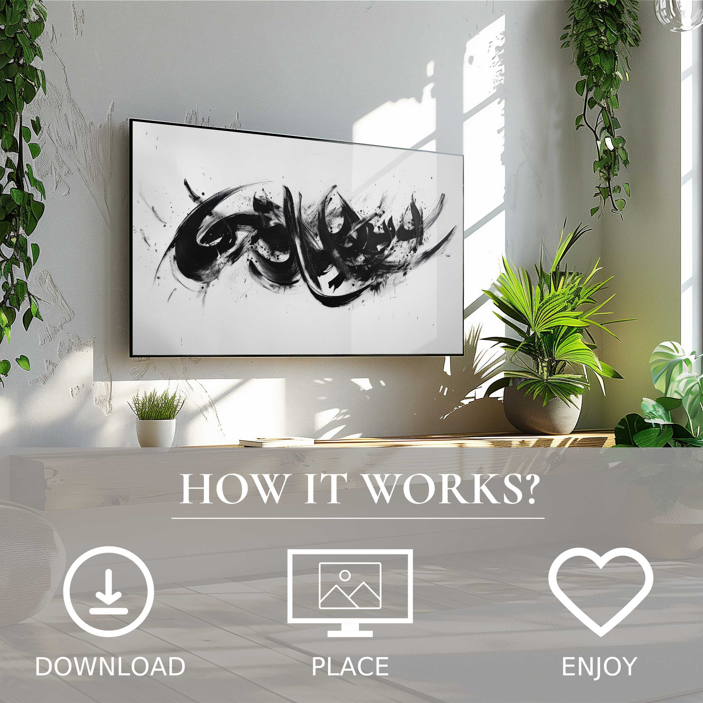 Modern living space with black and white art for Samsung TV; bold ink flow, easy digital download enriches room