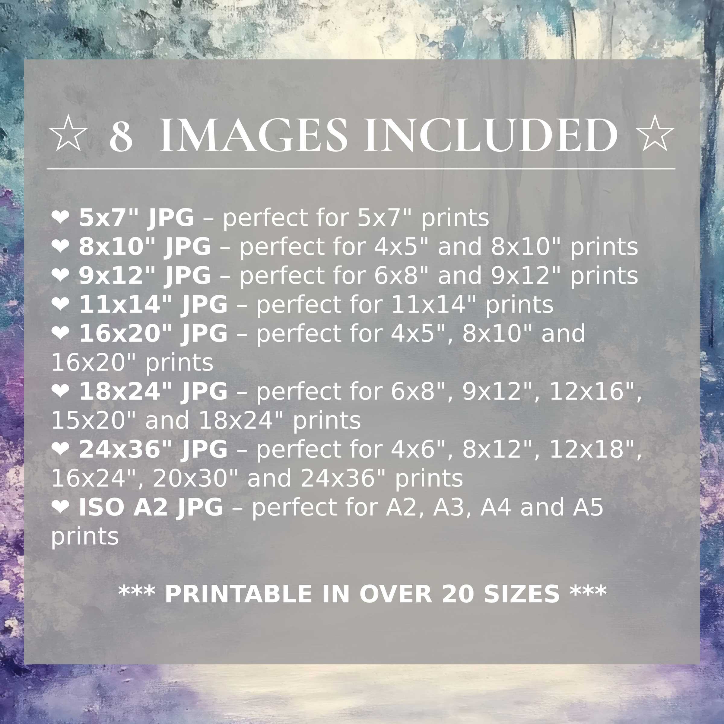 Print size guide showing 8 included JPG formats for versatile wall art printing – perfect for framing in popular sizes from 5x7 to 24x36 and A2