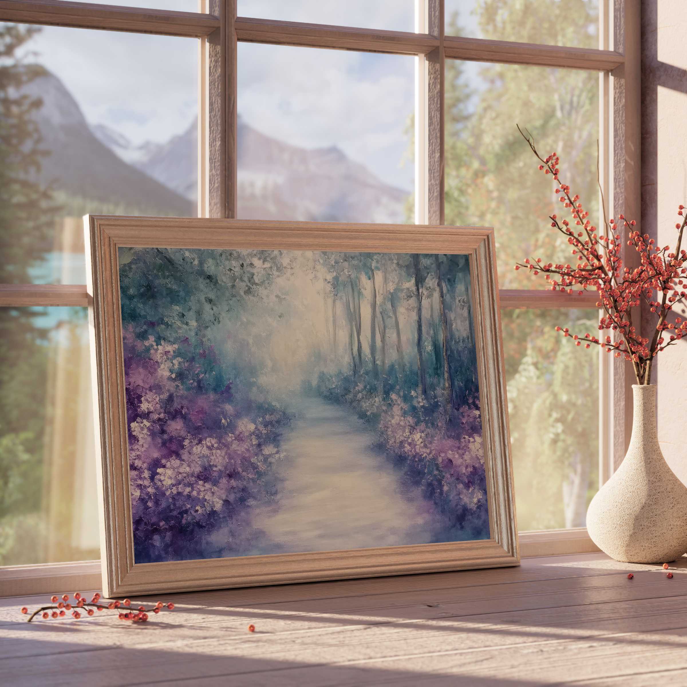 Ethereal tree downloadable art with misty forest path and lavender blooms, perfect for calming, curated luxury interiors