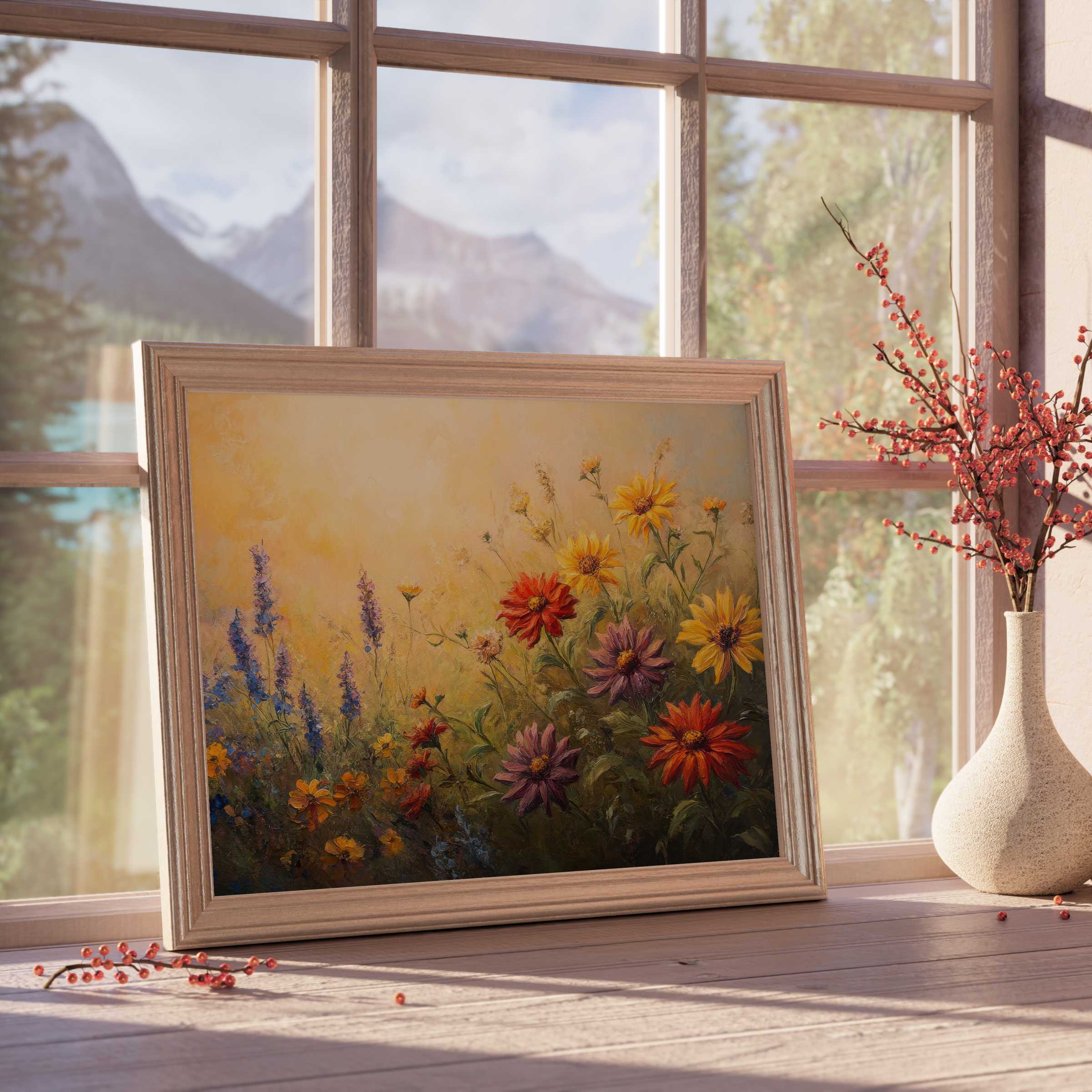 Warm, serene floral downloadable art featuring vibrant wildflowers that enrich tranquil, design-forward interiors with natural elegance