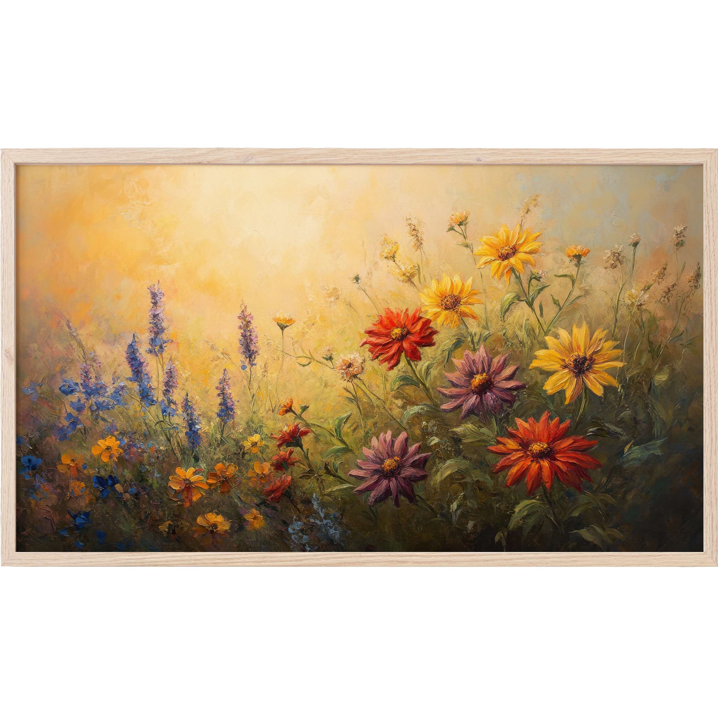 Floral Frame TV Art featuring vibrant wildflowers in warm yellows, reds, and purples against a soft golden backdrop