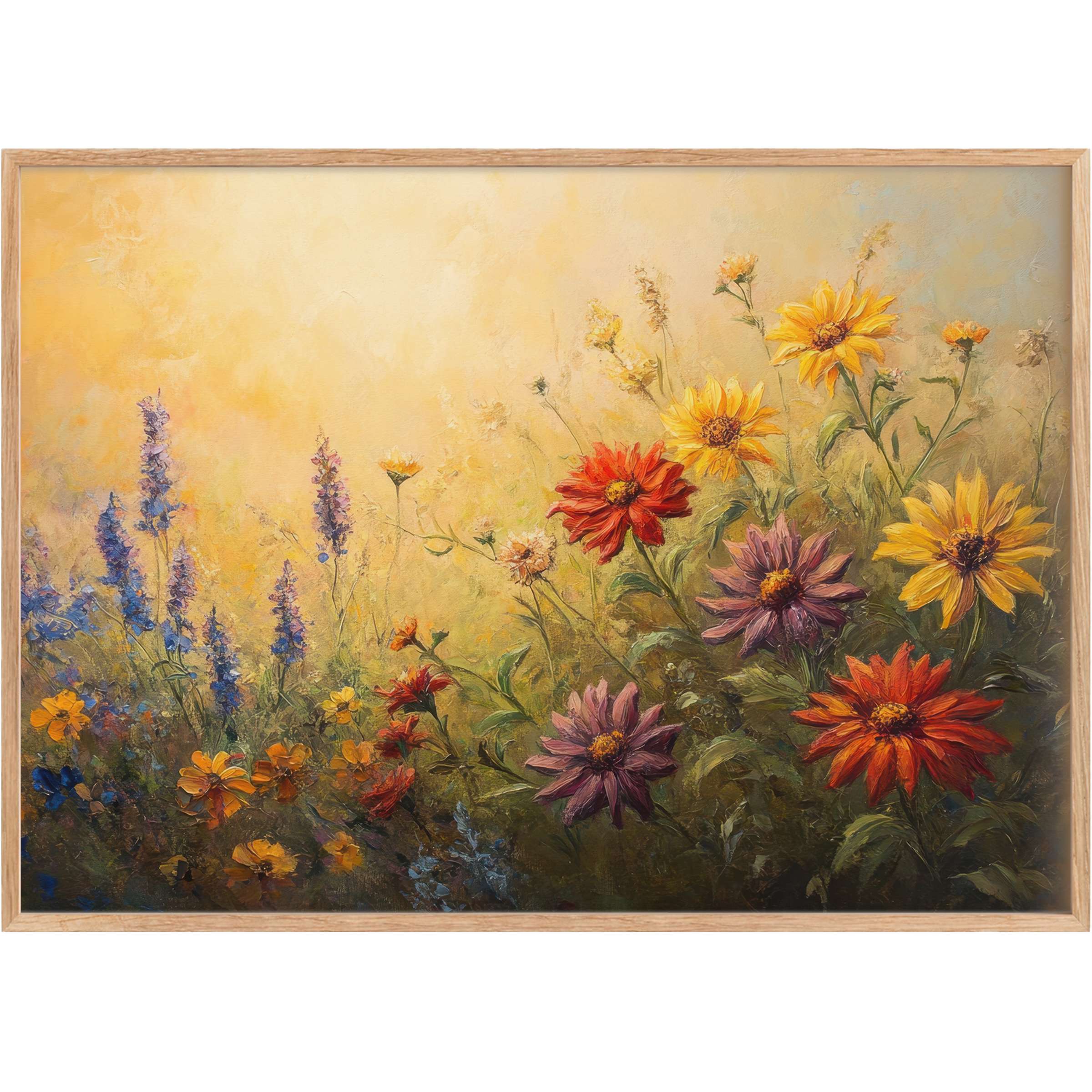 Radiant floral printable wall art featuring warm yellows, vibrant reds, and serene purples that brighten and enrich any elegant living space