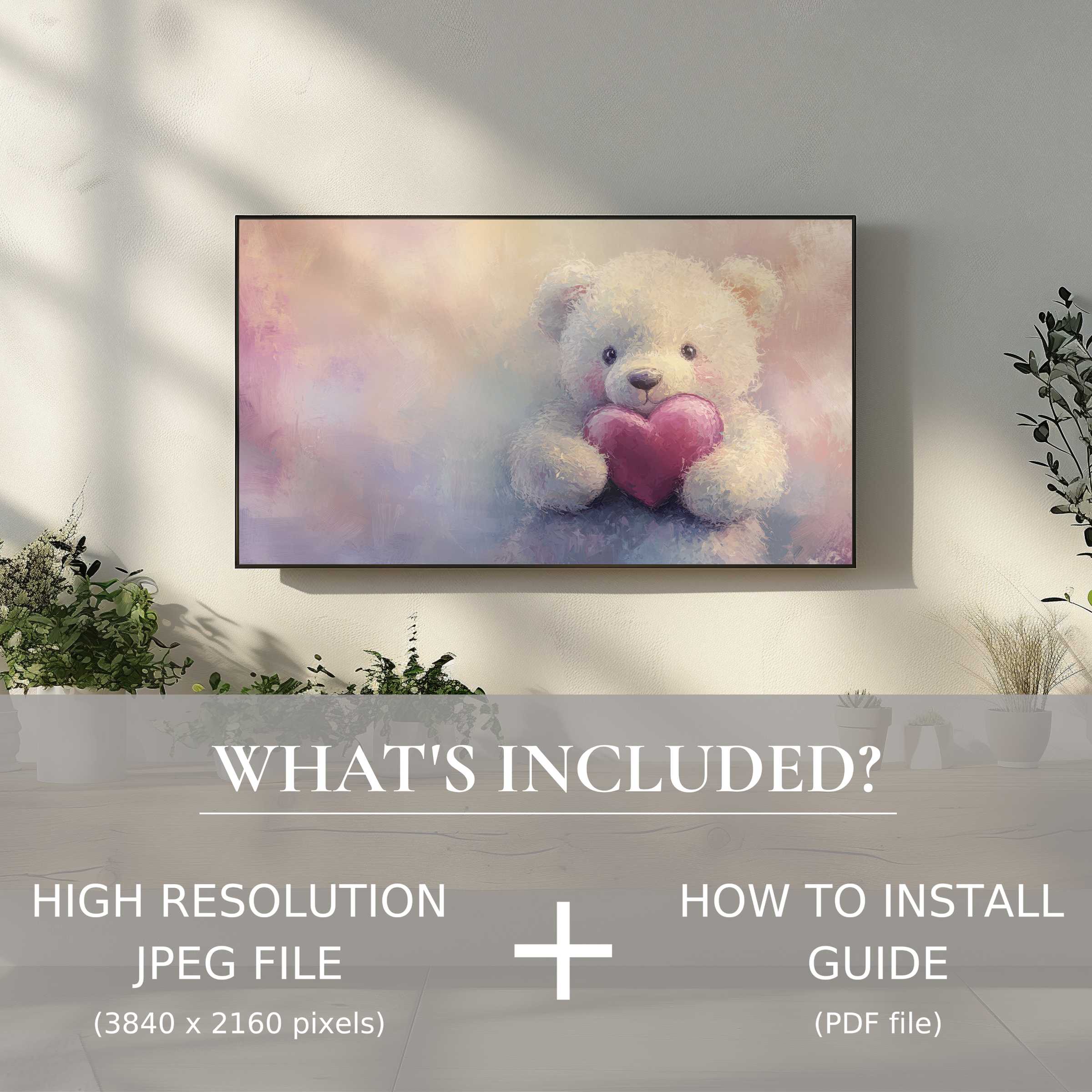 Elegant nursery digital TV art download featuring a soft teddy bear, easy digital use enhancing your stylish living space