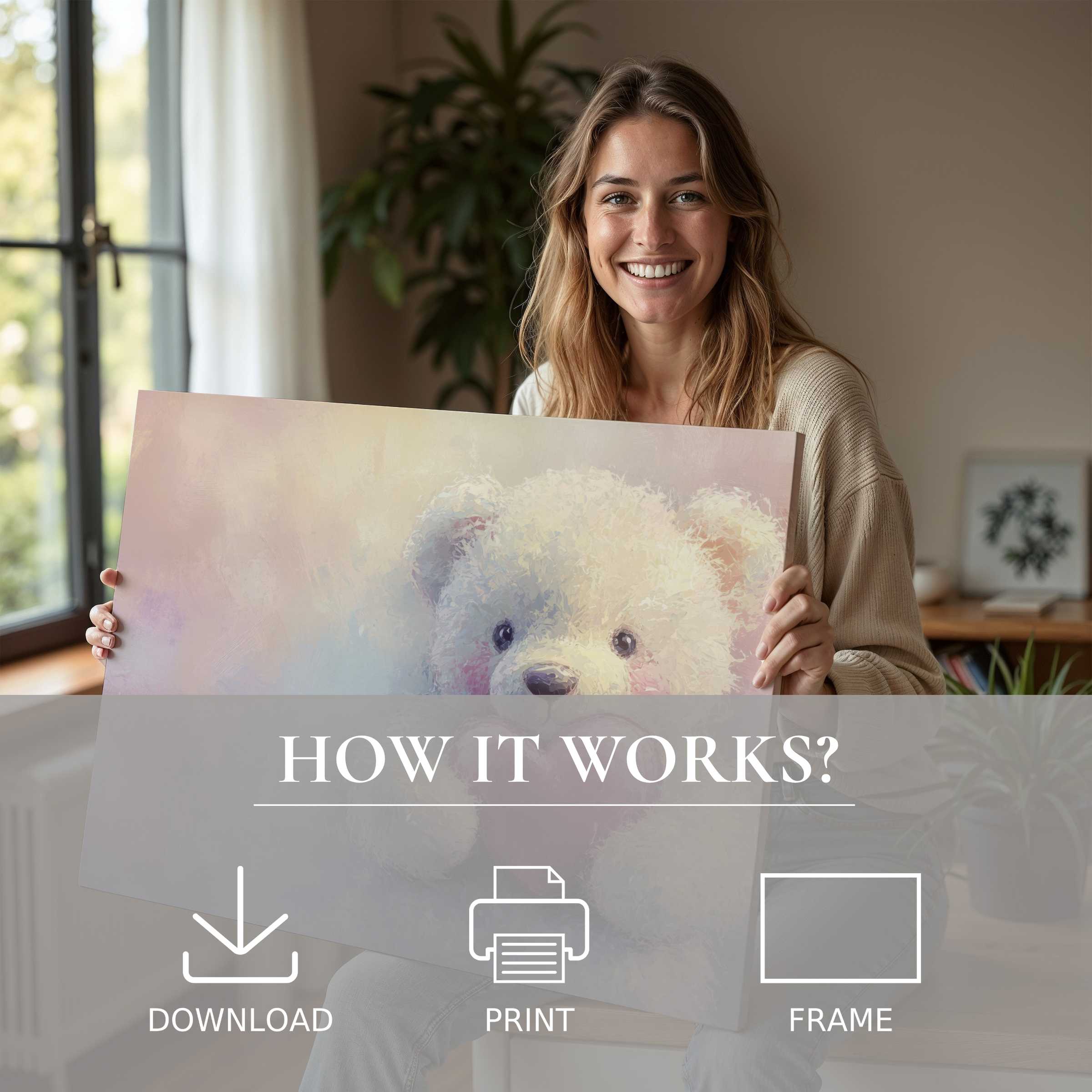 Warm moments unfold as a nursery digital art print brings joy and gentle serenity to a refined modern home
