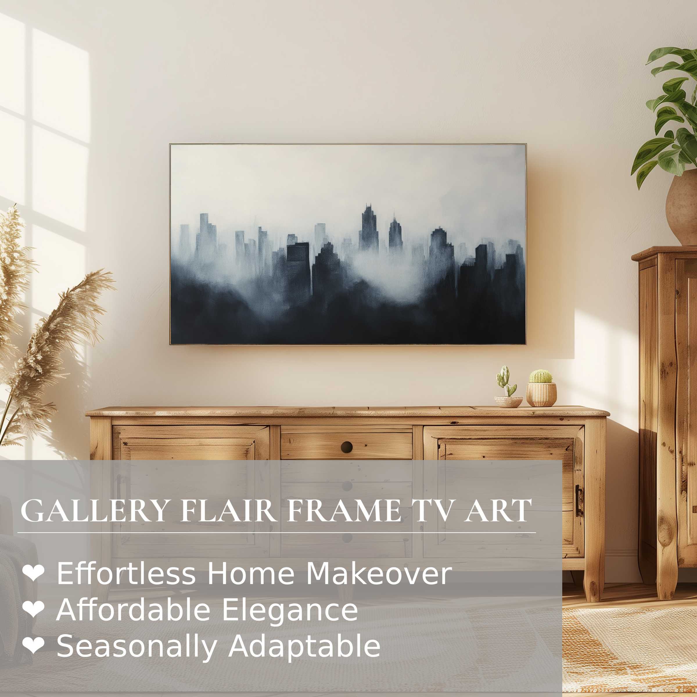 Contemporary urban skyline in mist displayed on Samsung Frame TV, showcasing modern digital artwork in a warm, stylish living space