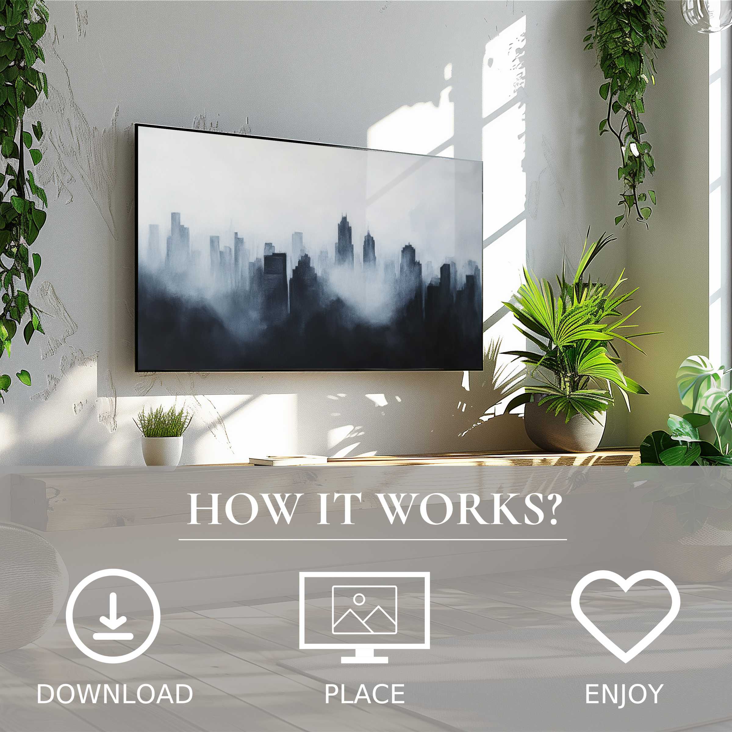 Modern art for Samsung TV with misty cityscape motif; easy digital download enriches stylish, plant-filled living space