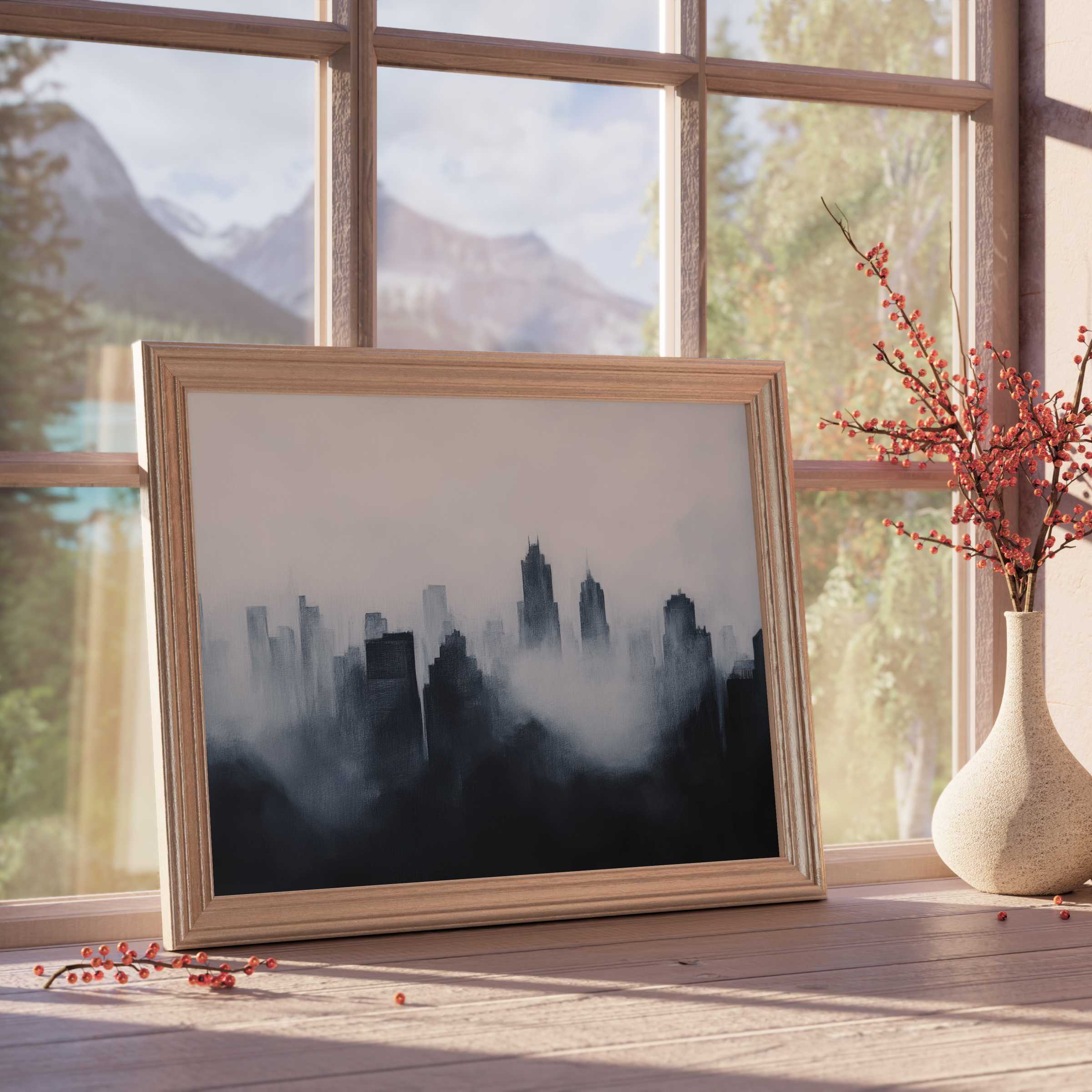 Modern downloadable art depicting a misty city skyline, evoking calm sophistication and enhancing curated, tranquil interiors