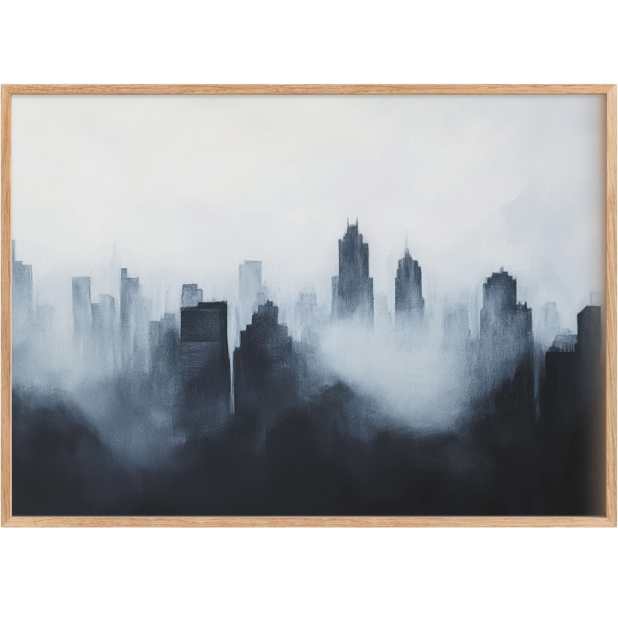 Modern printable wall art capturing a misty cityscape in smoky grays and blacks, evoking a serene, contemplative mood