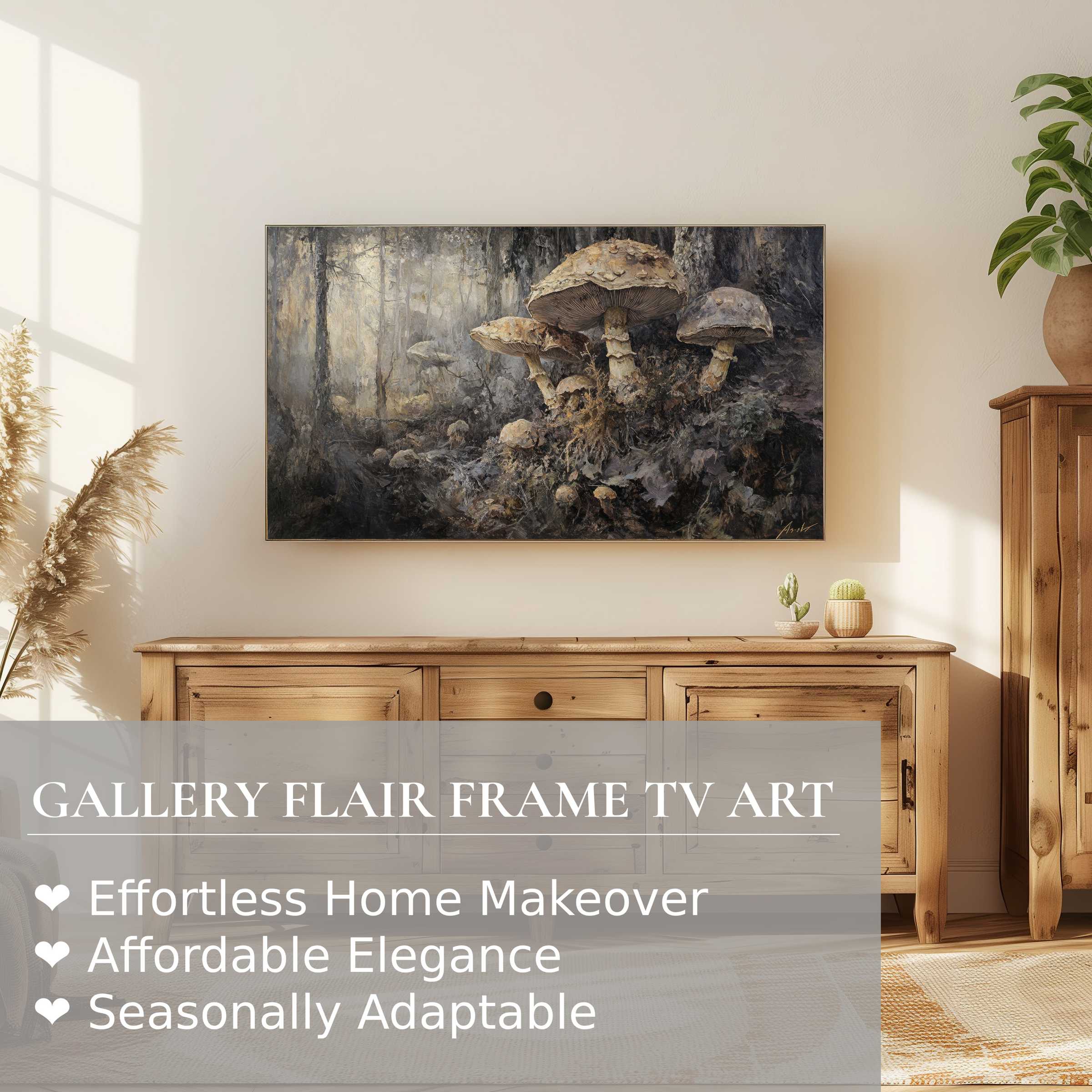 Elegant Samsung Frame TV showcasing botanical digital artwork of earthy mushrooms in a serene, modern living space