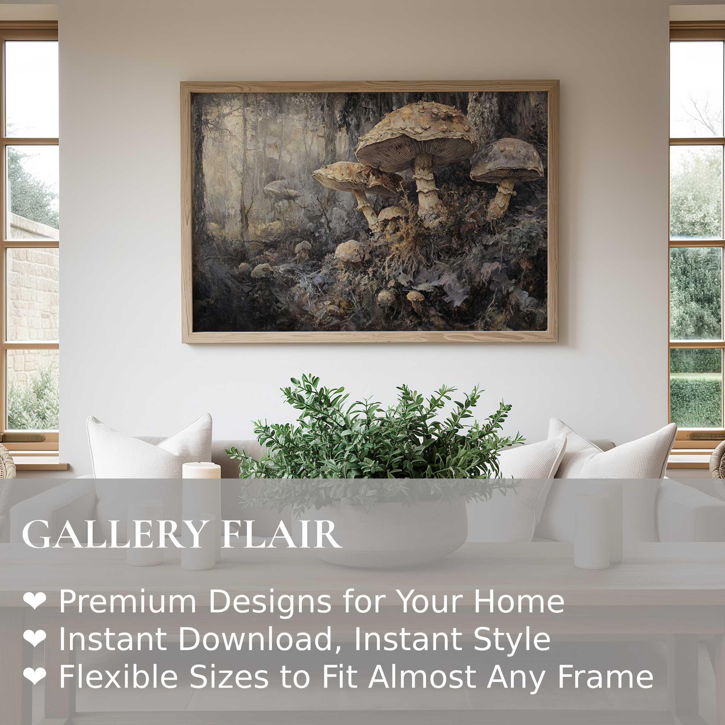 Botanical wall art print of earthy mushrooms in a serene forest scene, enhancing rustic-modern interiors with calming natural elegance