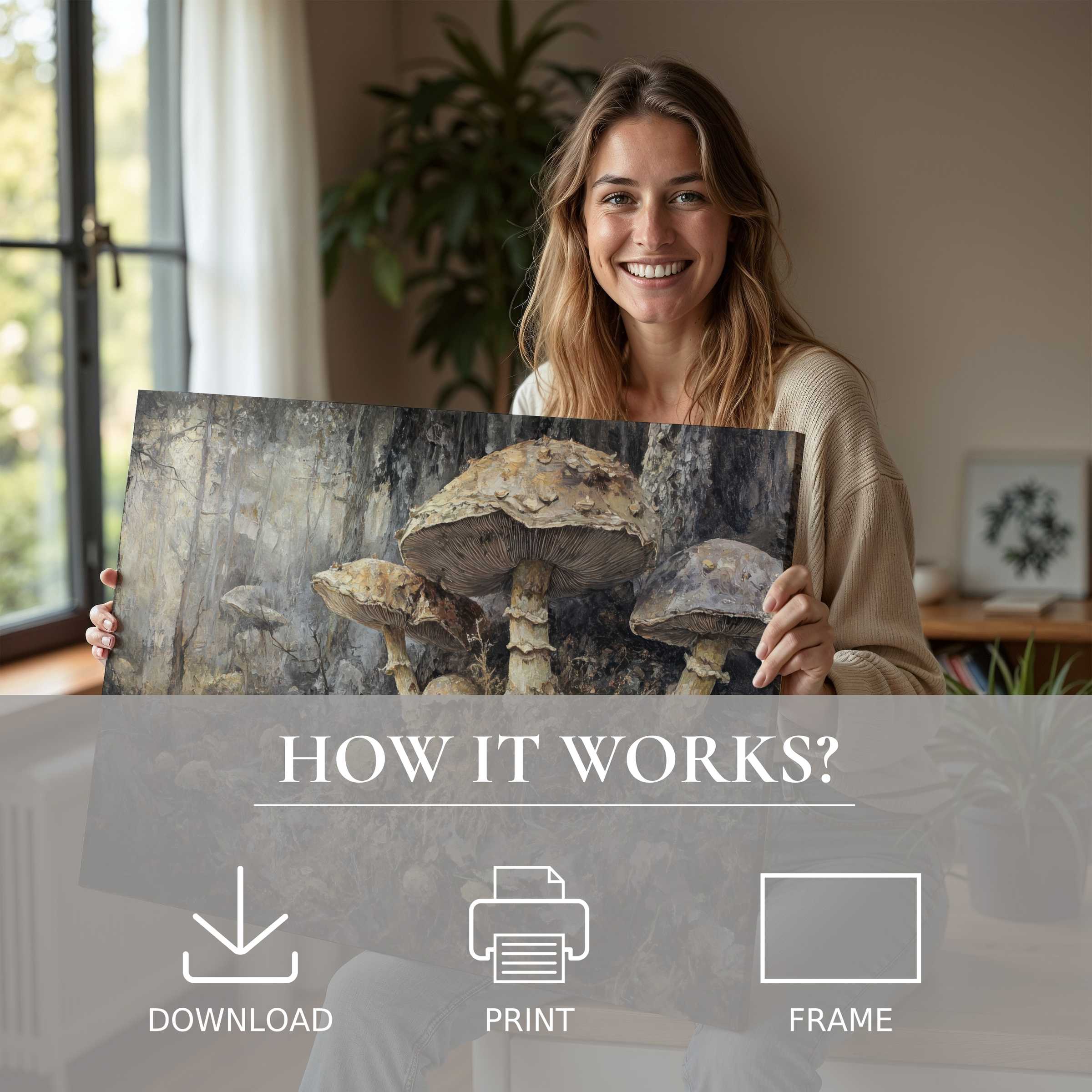 Elegant botanical digital art print embraced in a serene modern home, embodying the joy of living with curated nature-inspired beauty