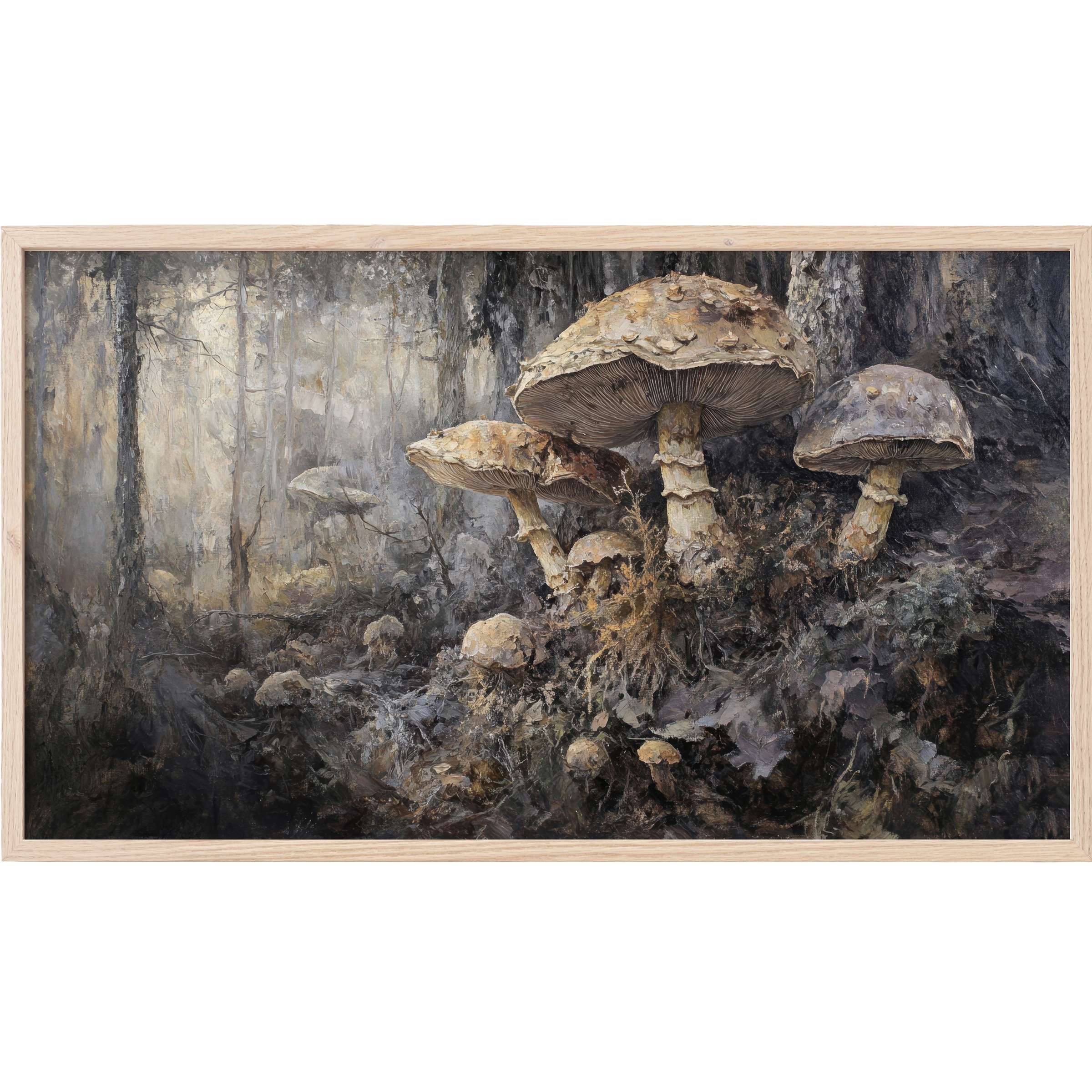 Botanical Frame TV Art featuring textured mushrooms in muted earth tones with a moody, atmospheric forest backdrop