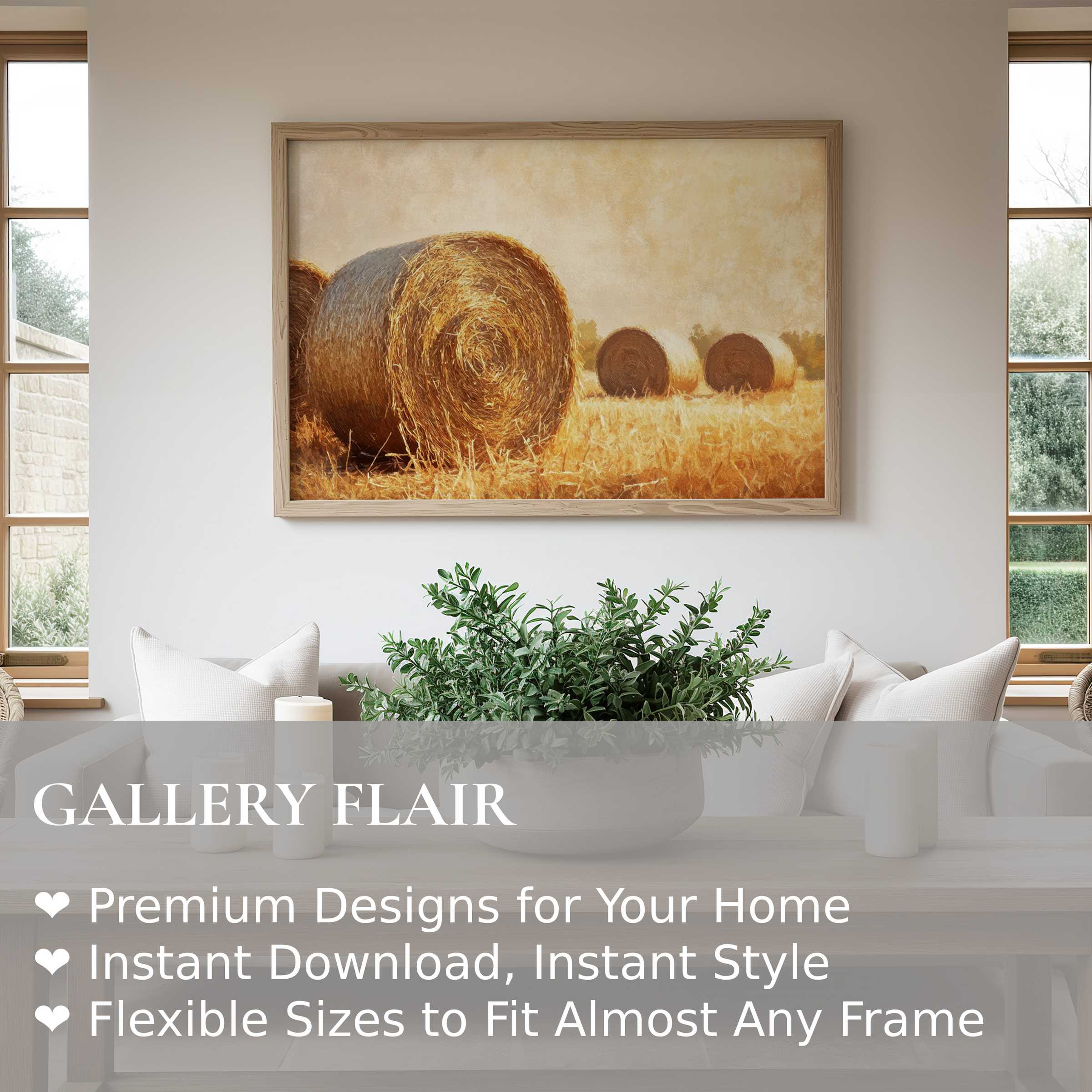 Farmhouse wall art print featuring golden hay bales in soft sunlight, enriching serene modern rustic interiors with warm, inviting charm