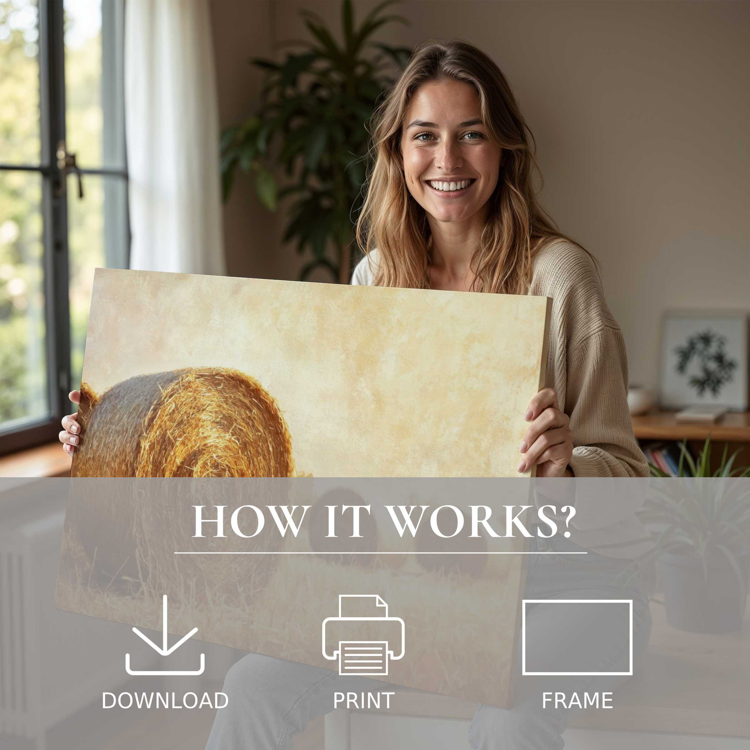 Woman joyfully embracing a farmhouse digital art print in warm earth tones, embodying effortless elegance in modern home decor