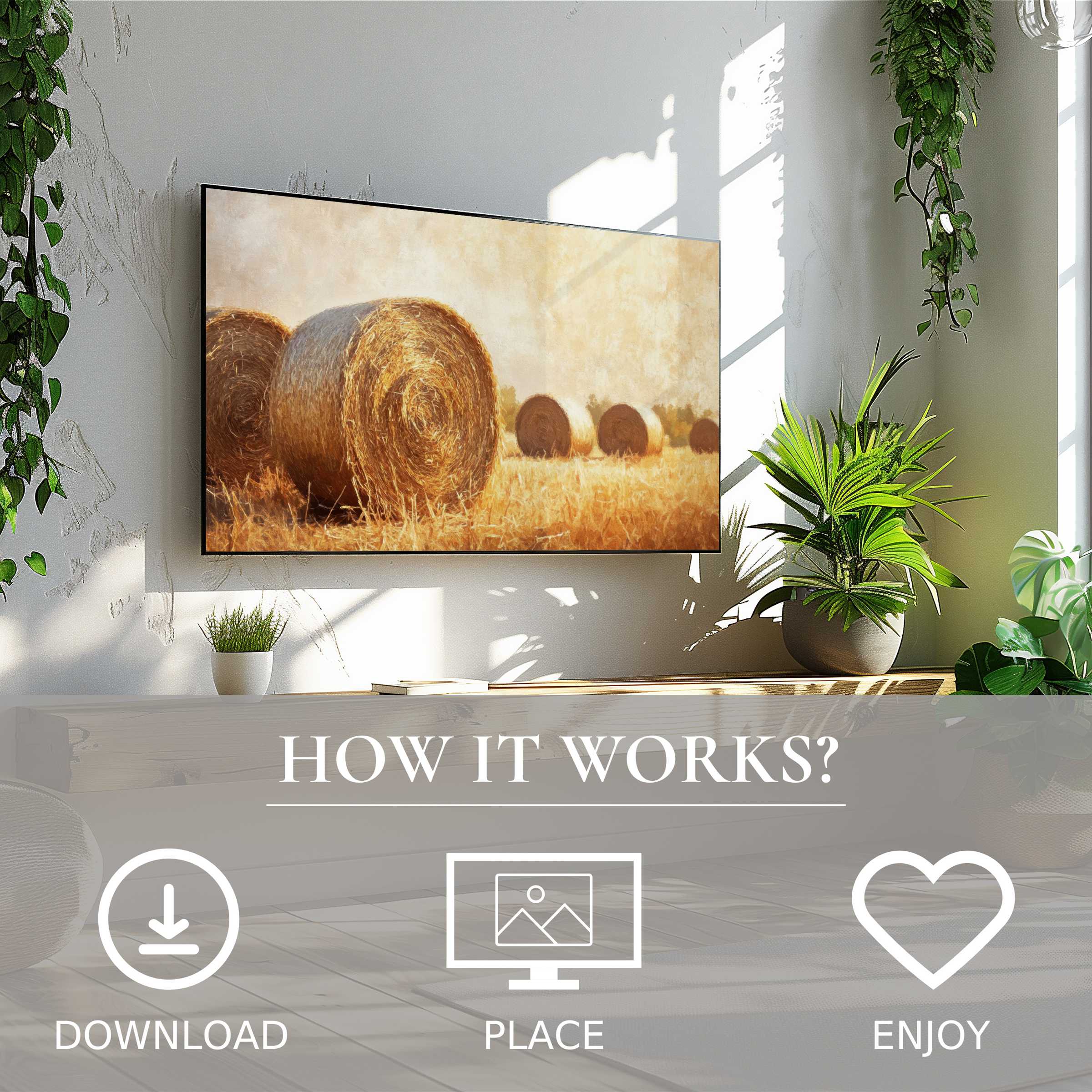 Farmhouse art for Samsung TV with warm hay bale motif, easy digital download, brightening modern living space