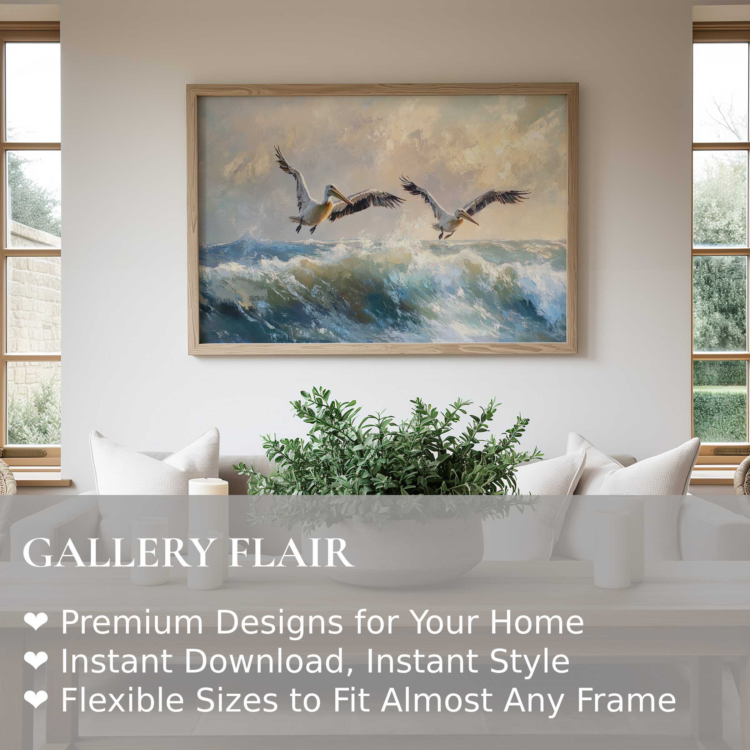 Coastal wall art print featuring soaring pelicans above dynamic ocean waves, adding soft coastal elegance to modern farmhouse decor