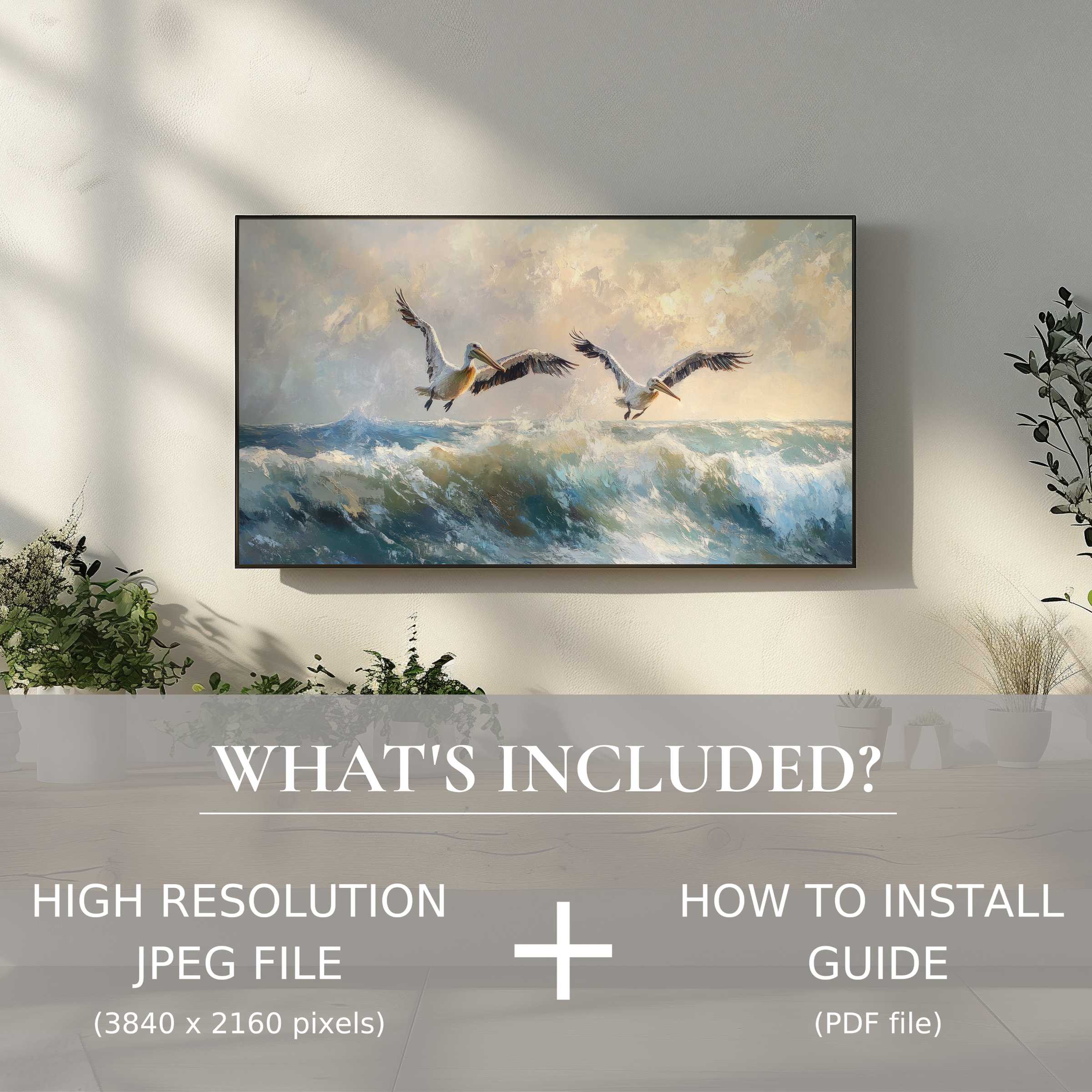 Elegant coastal digital TV art download of pelicans over waves, adding serene style with easy digital installation