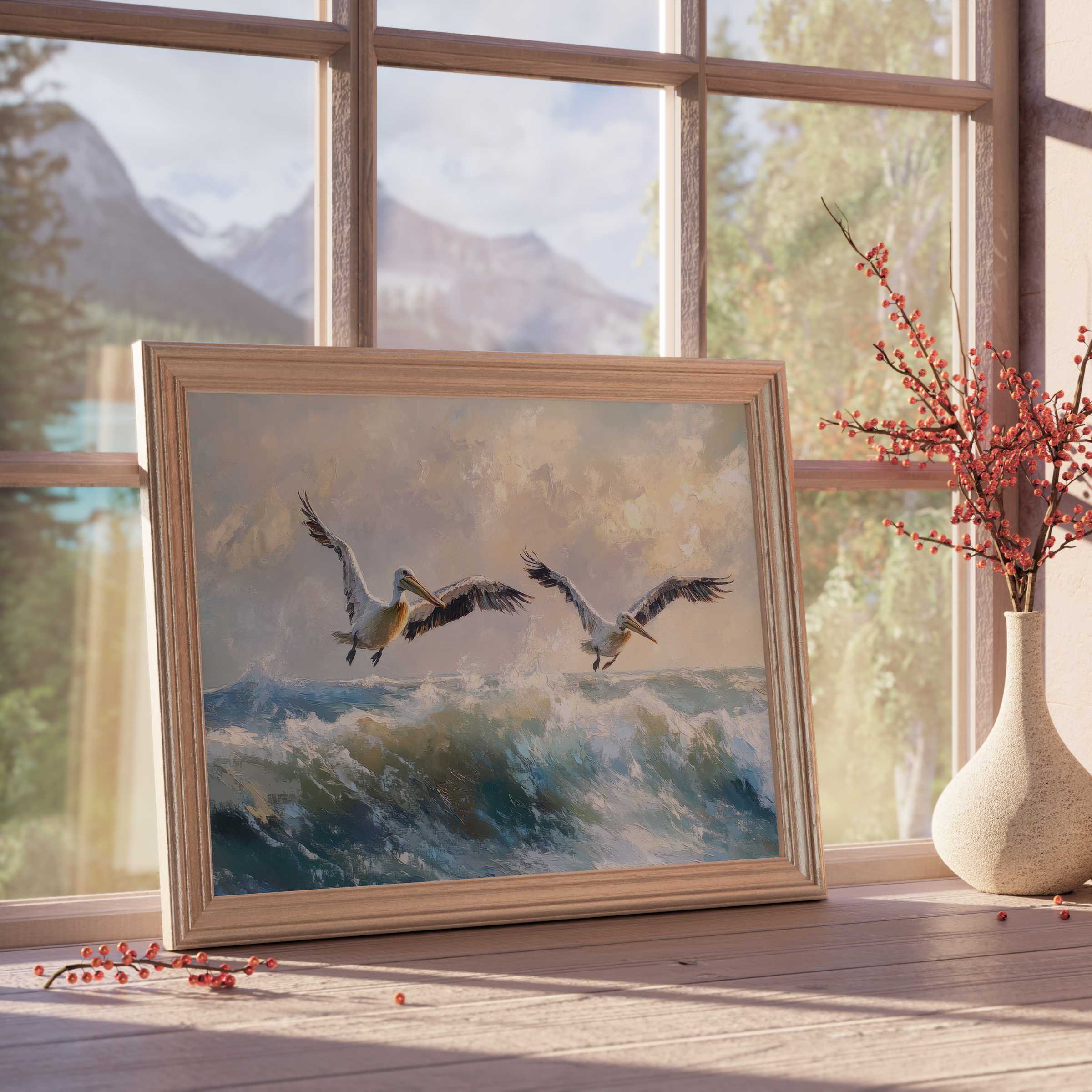 Coastal downloadable art capturing serene pelicans over dynamic ocean waves, elevating elegant, tranquil interiors with natural grace