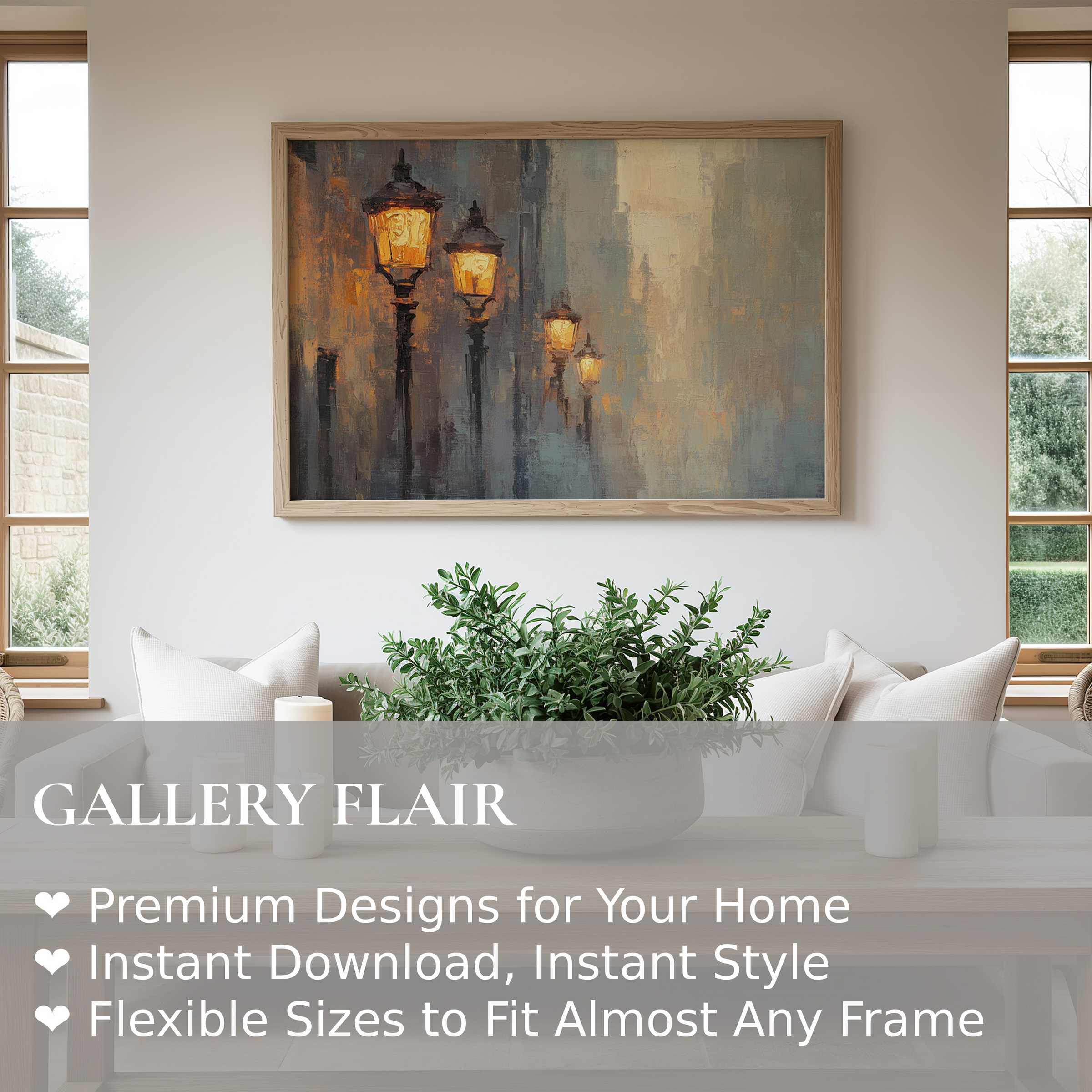 Urban art wall art print featuring softly glowing street lamps in textured grays and warm ambers, enriching minimalist modern interiors with radiant, calming ambiance