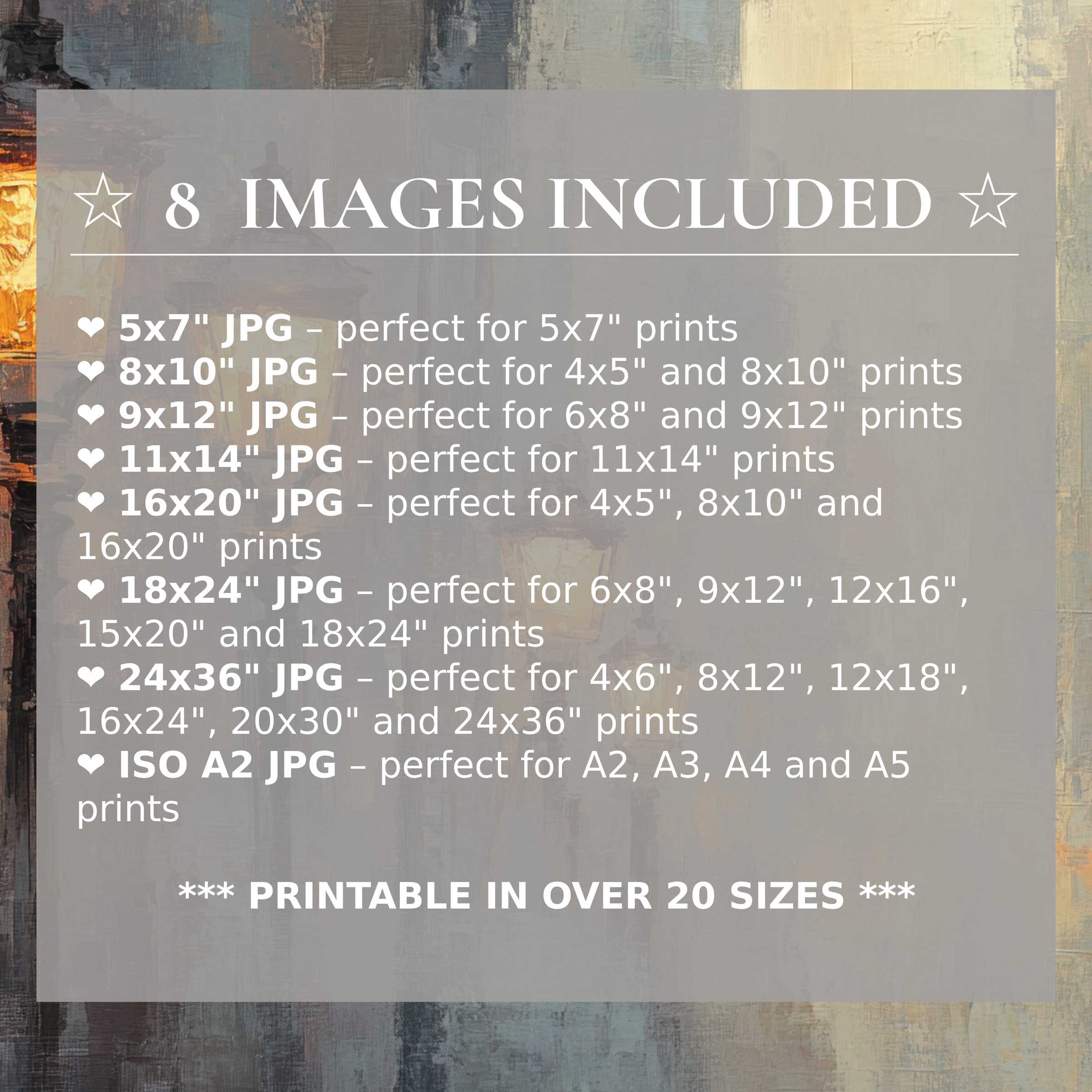 Urban digital print exuding radiant amber, deep slate, and soft beige hues; includes 8 high-quality sizes to elevate modern interiors with versatile, stylish elegance