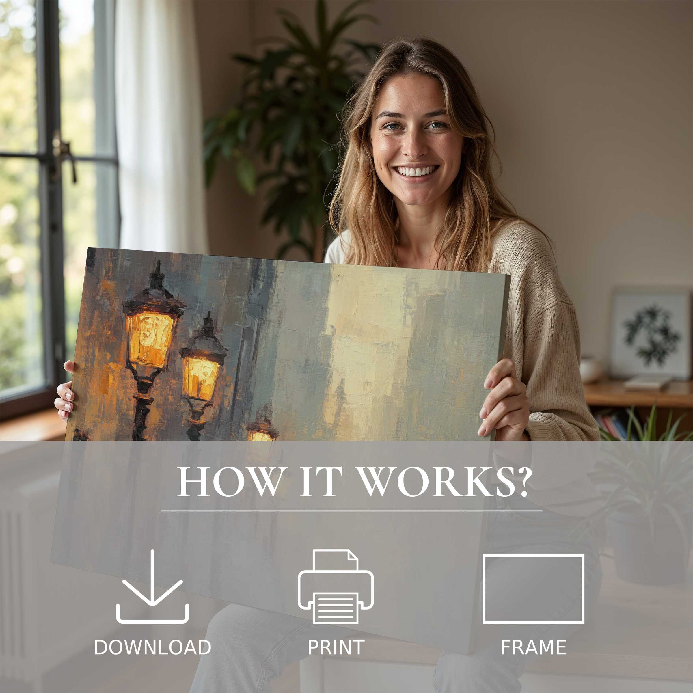 A joyful moment of serene connection with urban digital art print glowing warmly, elevating stylish modern living