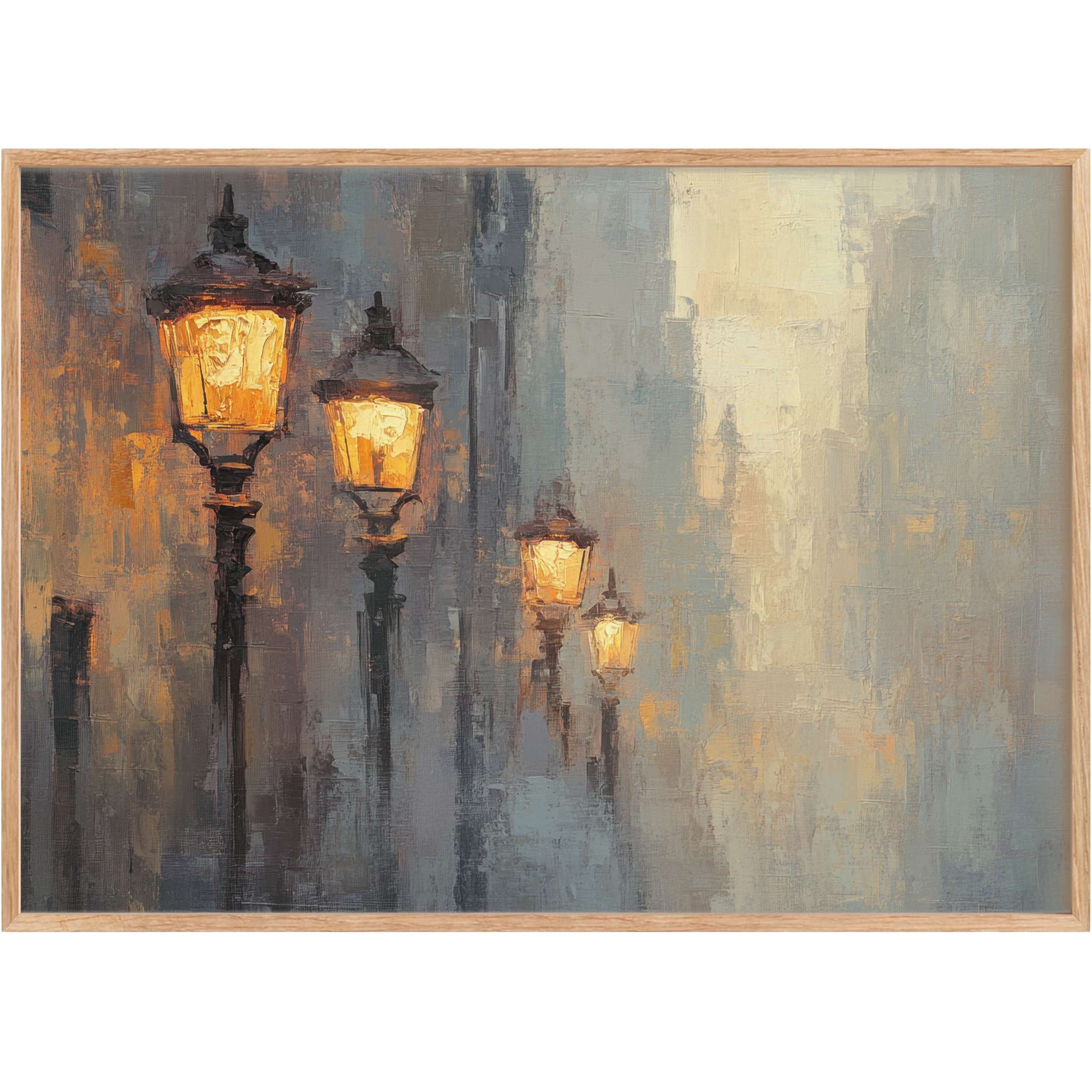 Elegant urban printable wall art capturing glowing street lamps in muted blues and warm amber tones, evoking a serene, timeless cityscape ambiance