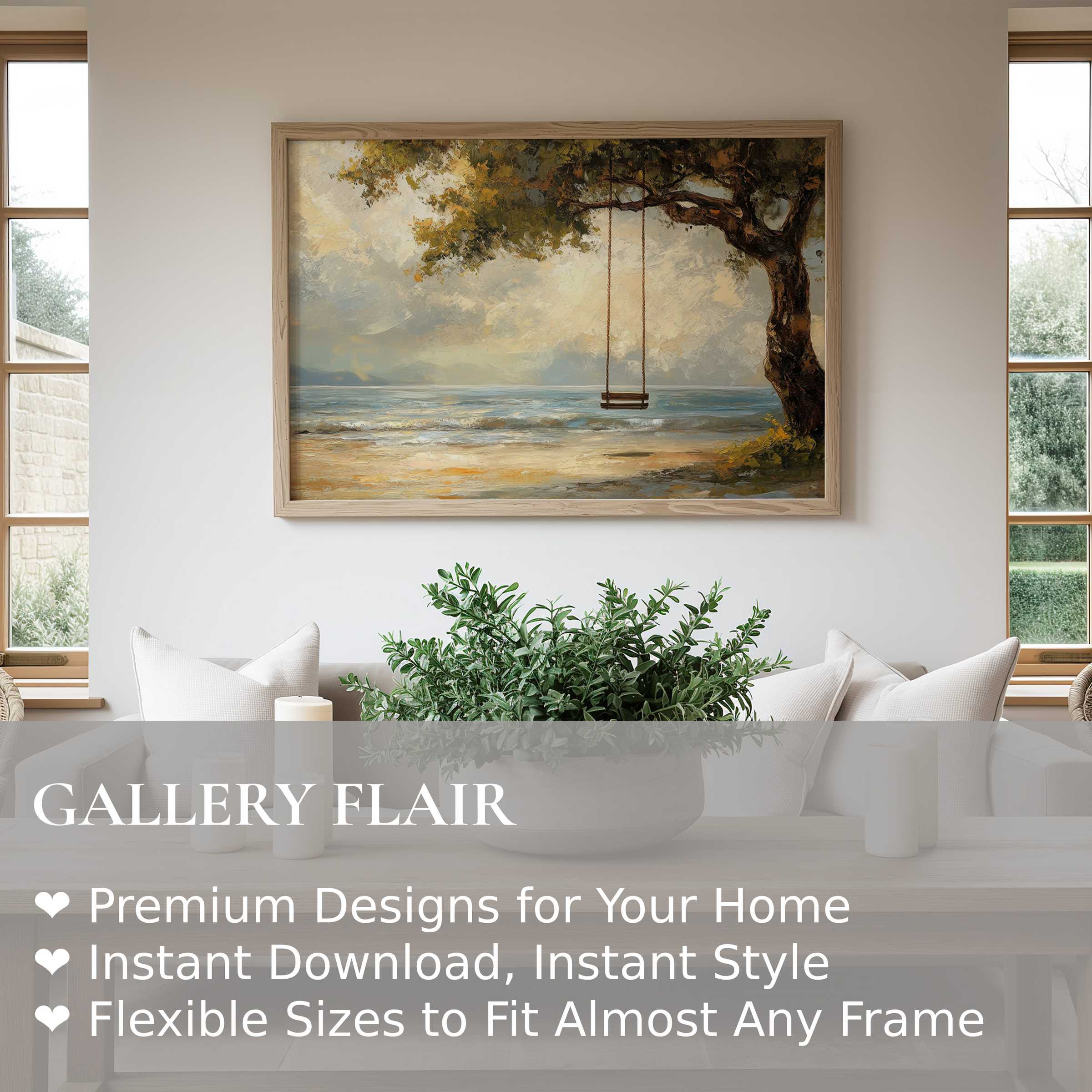 Radiant beach wall art print featuring a serene seascape and swing, enhancing modern coastal interiors with soothing, natural elegance