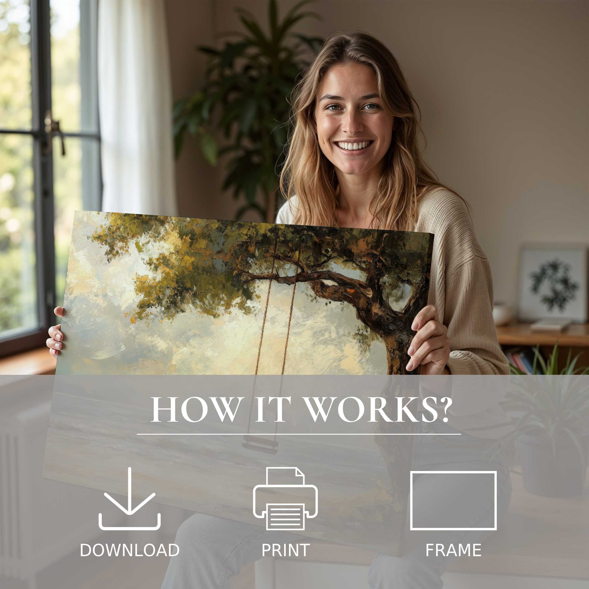 Radiant woman reveals a beach digital art print, capturing tranquil beauty and effortless elegance in modern living spaces