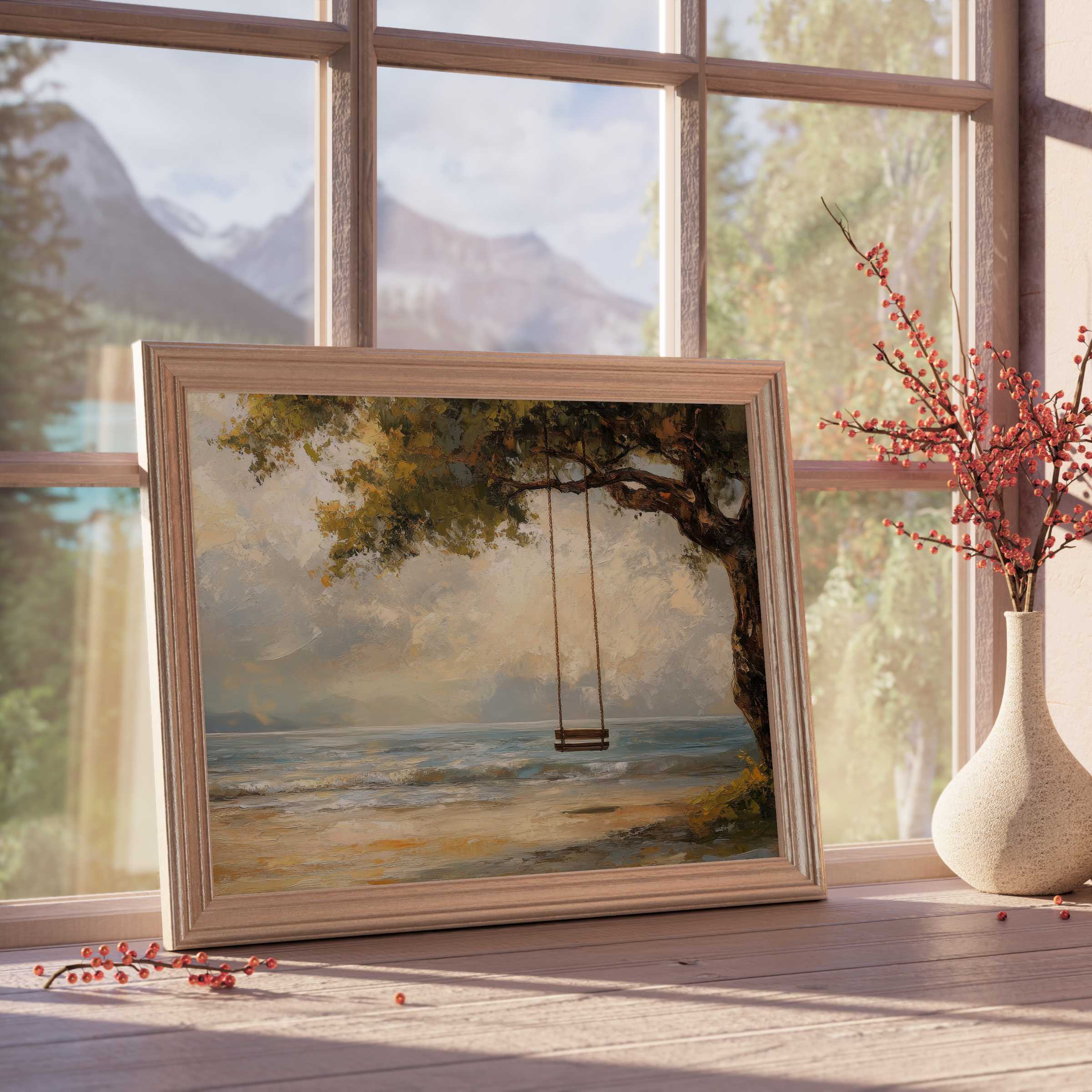 Serene beach downloadable art capturing a tranquil shore and rustic swing, elevating curated coastal and coastal farmhouse interiors