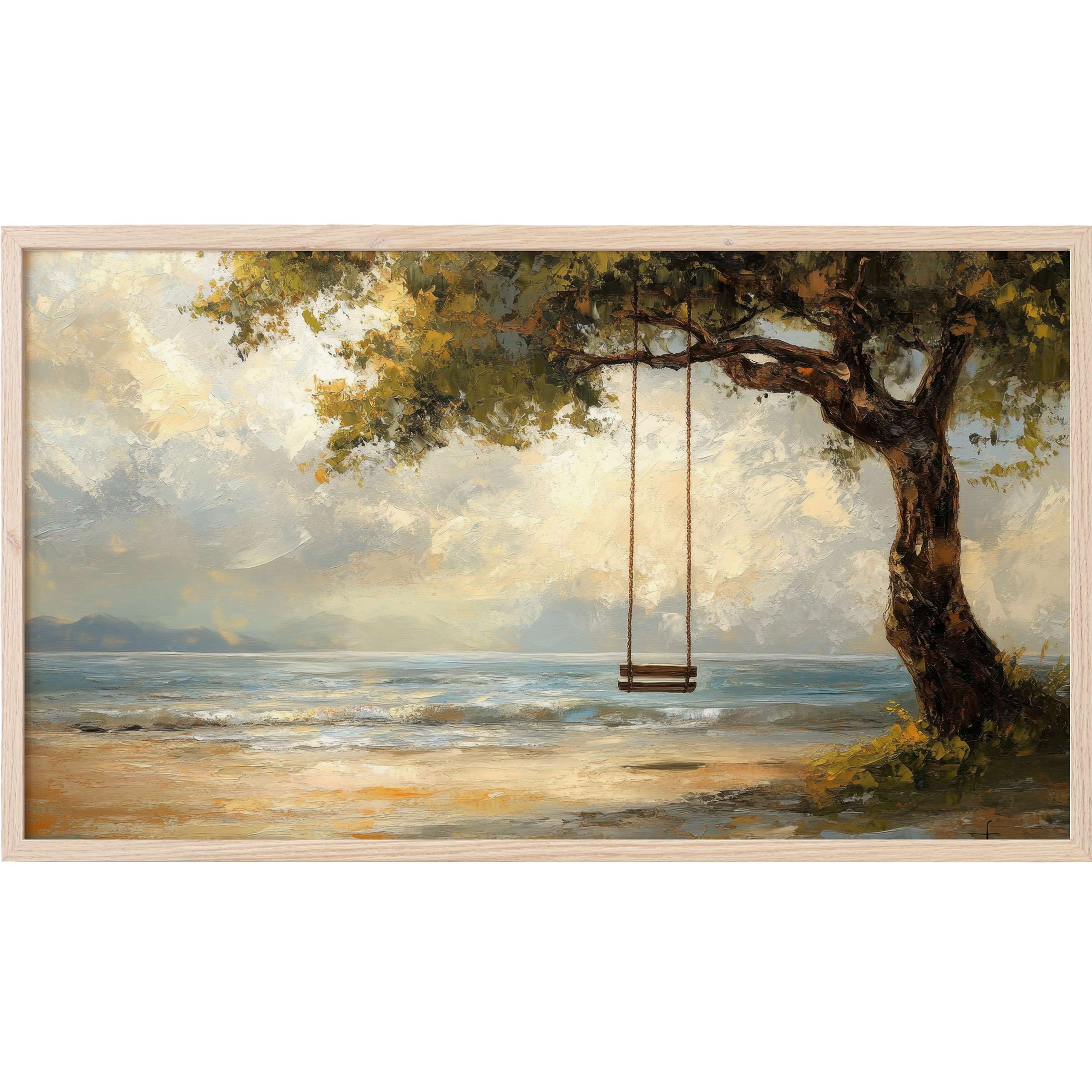 Serene coastal scene with sweeping waves, soft earthy tones, and a tree swing - beach Frame TV Art for modern spaces