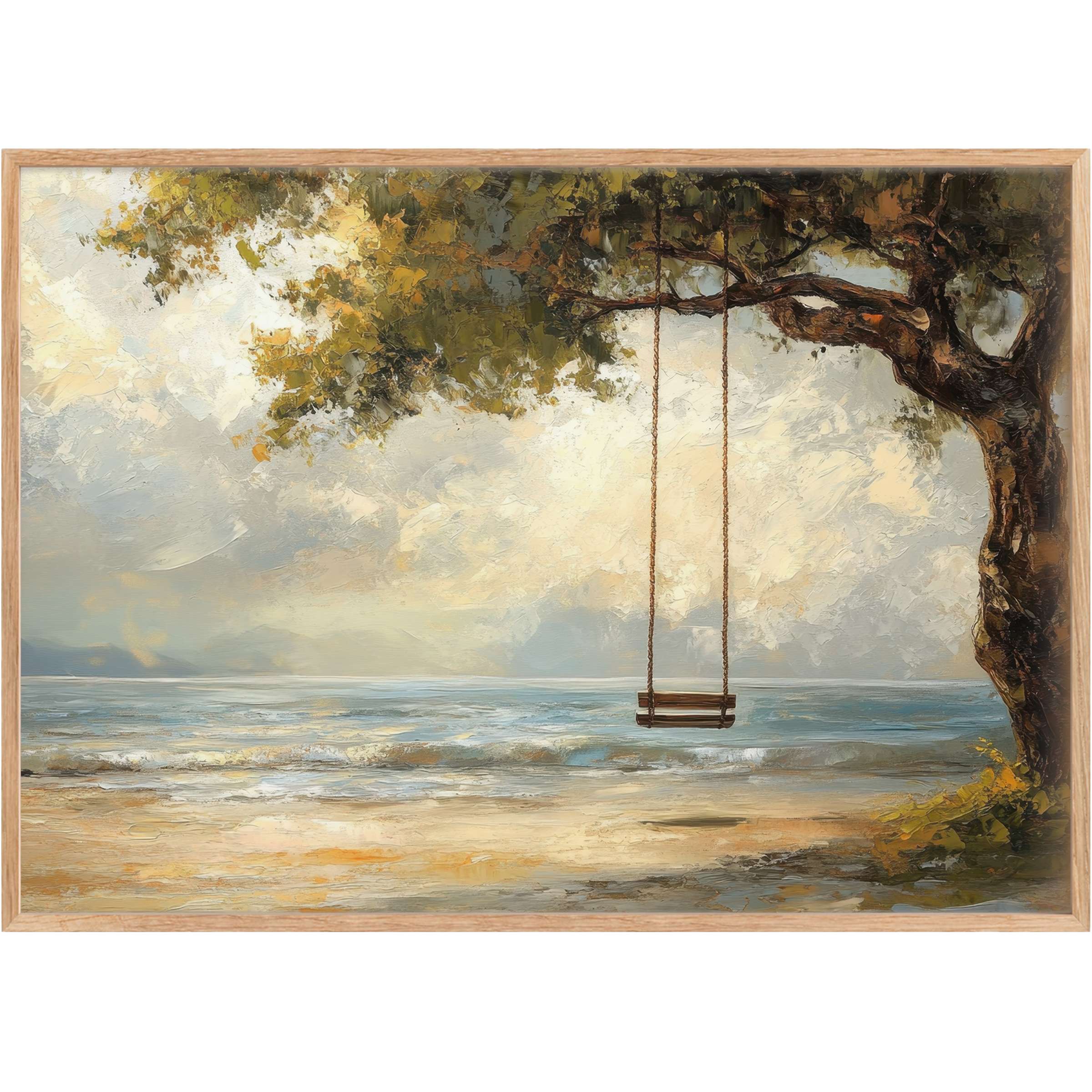 Serene beach printable wall art captures a tranquil coastal moment with soft blues and warm ochres, inspiring peaceful elegance