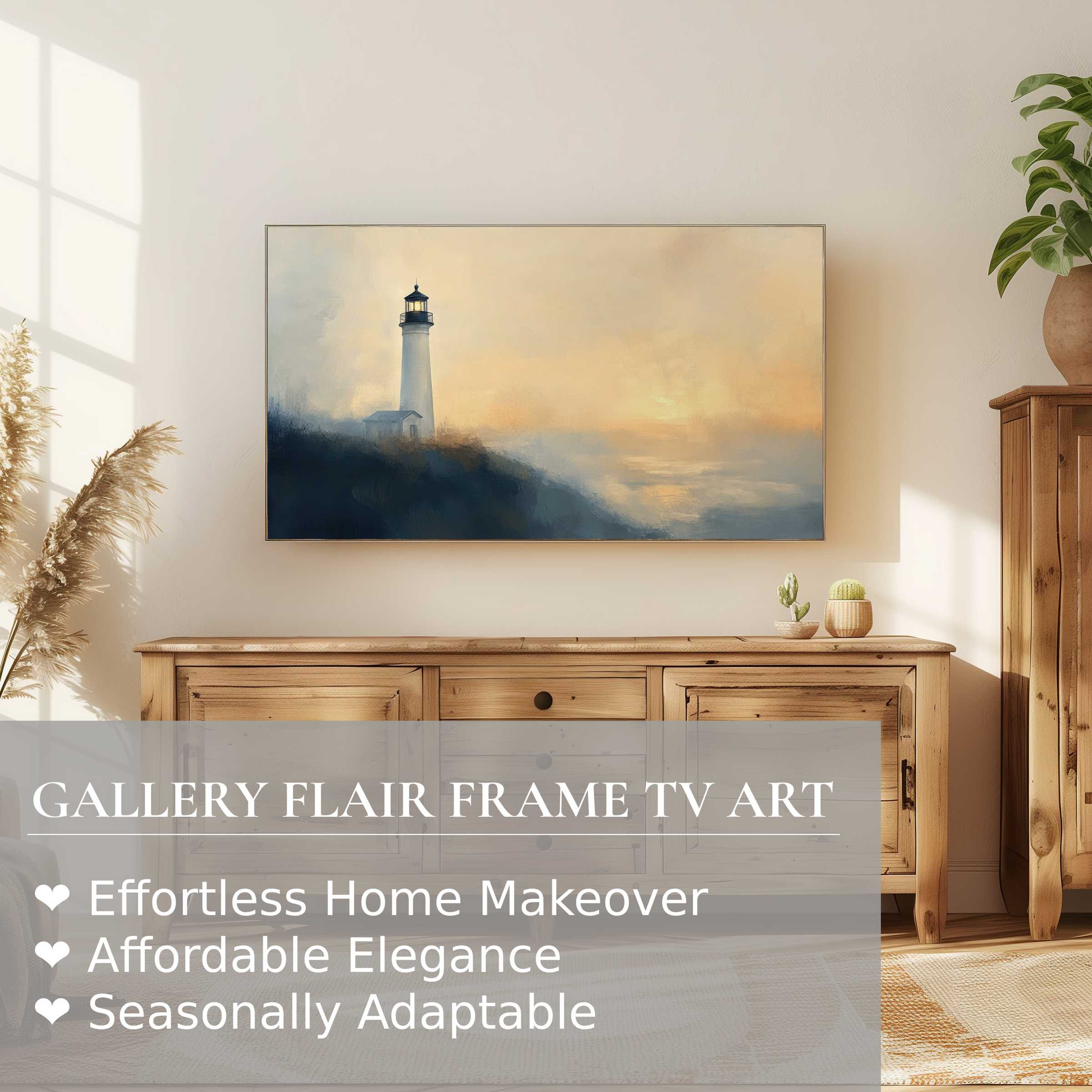Samsung Frame TV displays serene lighthouse summer digital artwork in a warm, modern living room setting for refined decor