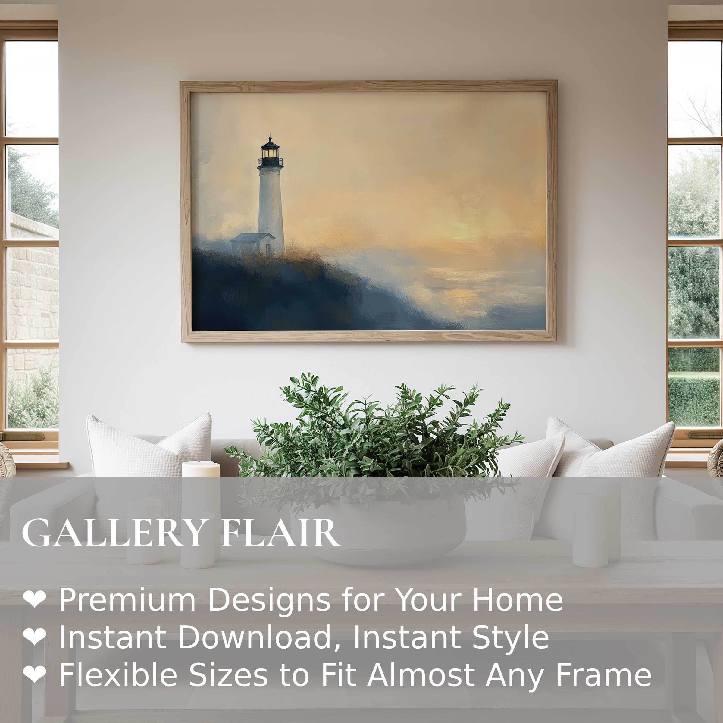 Radiant summer wall art print featuring a serene lighthouse at dawn, enhancing contemporary coastal interiors with calming, soft hues