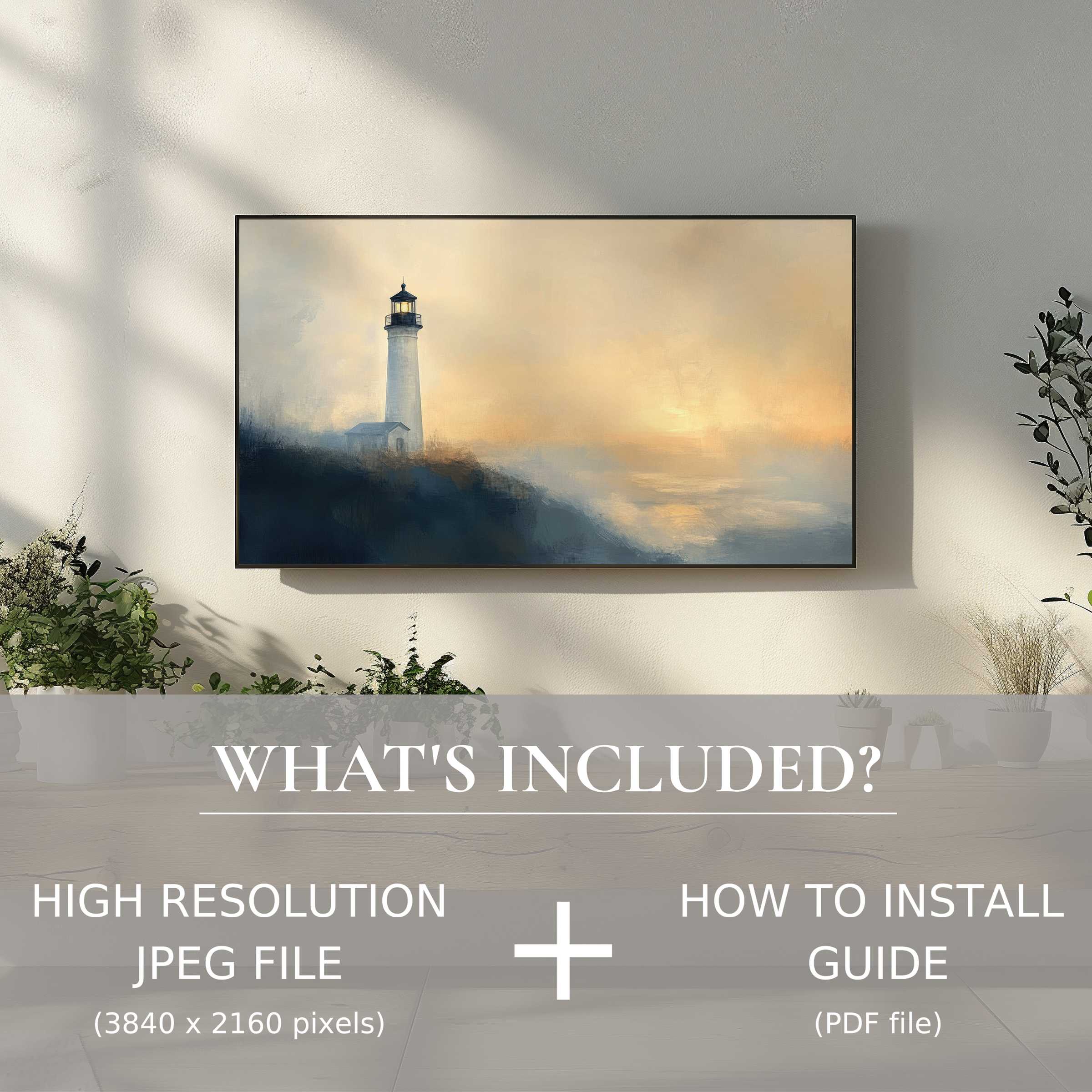 Elegant summer digital TV art download of a serene lighthouse, easily enhancing your modern living space