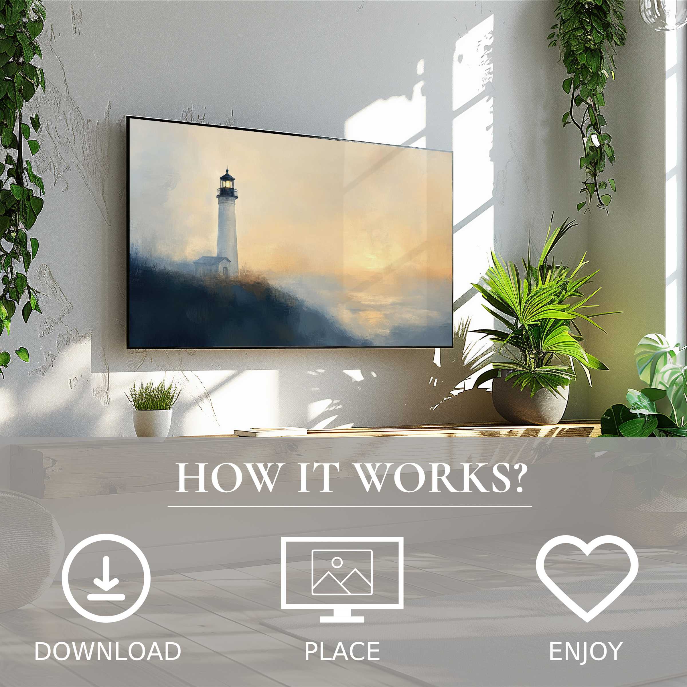 Summer art for Samsung TV: simple digital download with soft sunset tones of lighthouse, enriching modern living spaces
