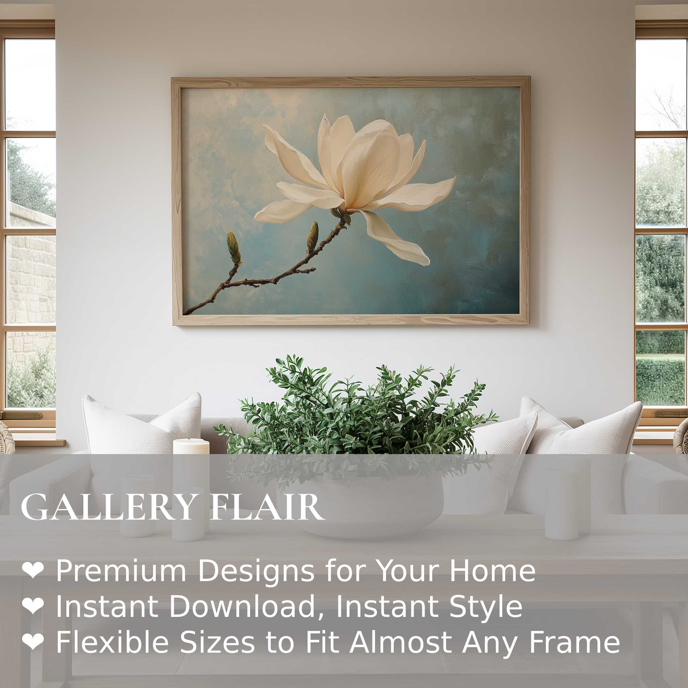Elegant spring wall art print featuring a soft magnolia blossom on a serene blue backdrop, enhancing modern minimal interiors with calming, natural grace and refined botanical beauty