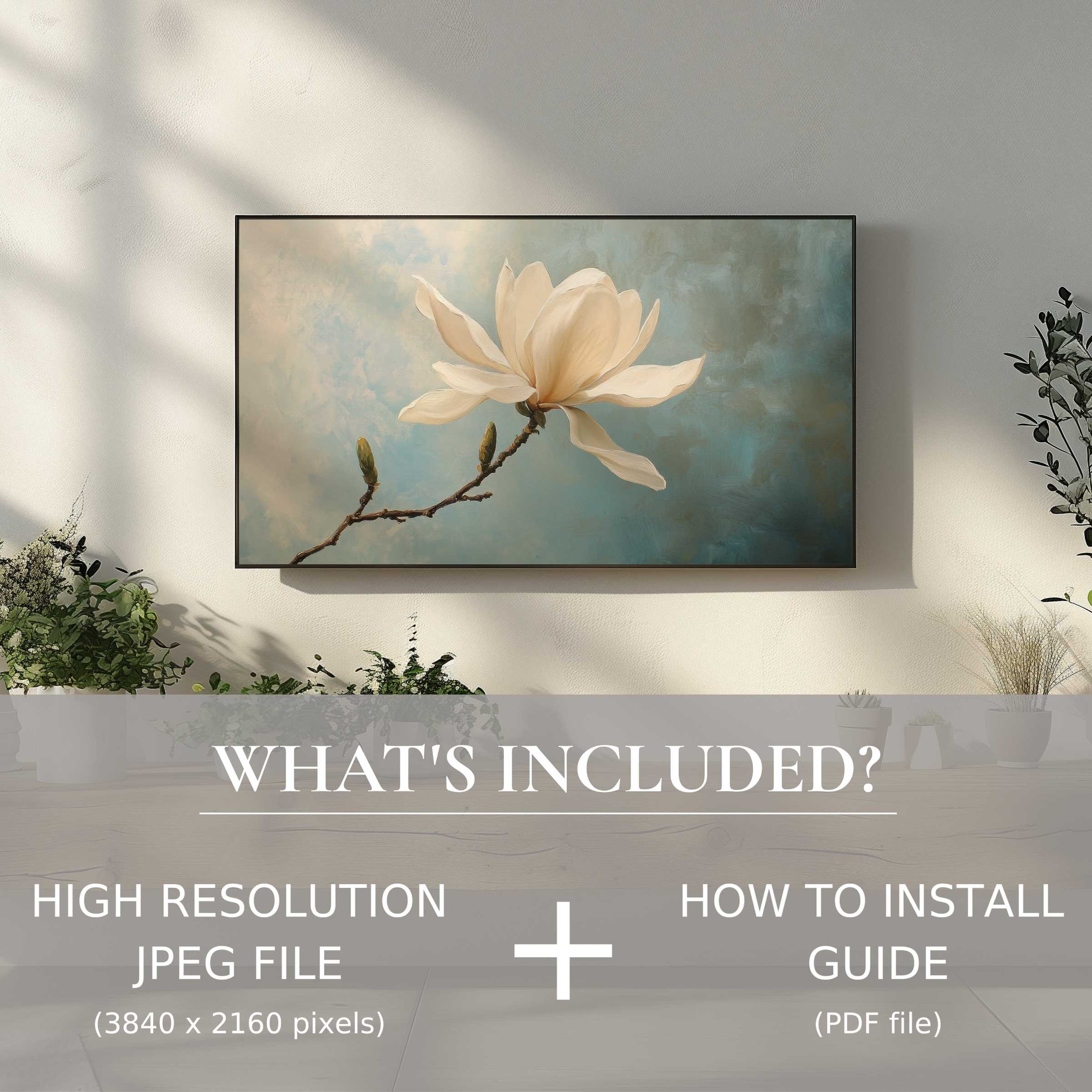 Elegant spring digital TV art download featuring a delicate flower bloom, enhancing modern living spaces with easy digital use